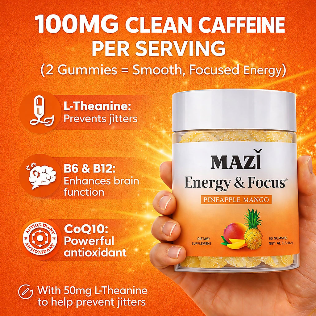 Energy & Focus Gummies | 100mg Natural Caffeine + L-Theanine + Vitamin B6 & B12 + CoQ10 | Nootropic Cognitive Brain Performance Supplement | No Crash or Jitters MAZI Au supplements