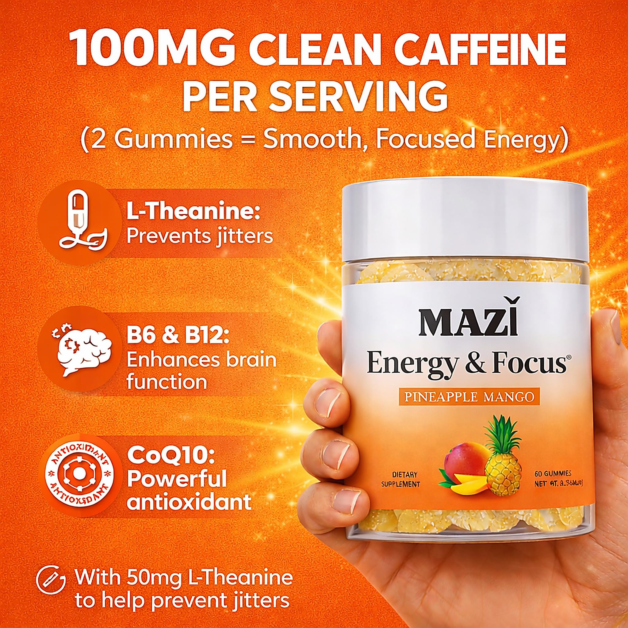 Energy & Focus Gummies | 100mg Natural Caffeine + L-Theanine + Vitamin B6 & B12 + CoQ10 | Nootropic Cognitive Brain Performance Supplement | No Crash or Jitters MAZI Au supplements