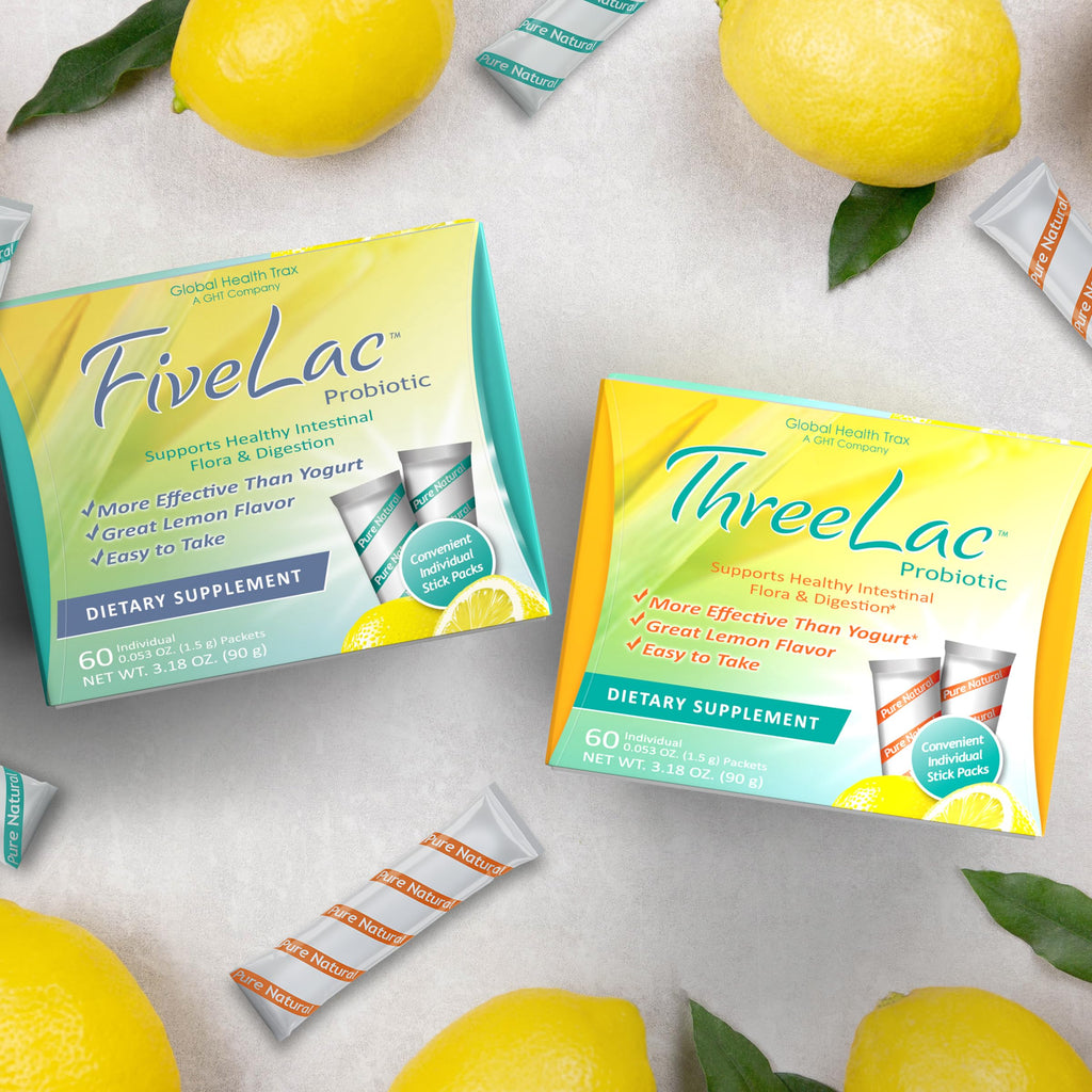 Global Health Trax GHT - FiveLac + Threelac Lemon Probiotic Powder Drink Mix, Probiotics for Women, Men, Kids, Smooth Digestive Support & Elimination, Relieves Constipation & Gas - 60 Packets, Non-GMO ght Global Health Trax Au supplements