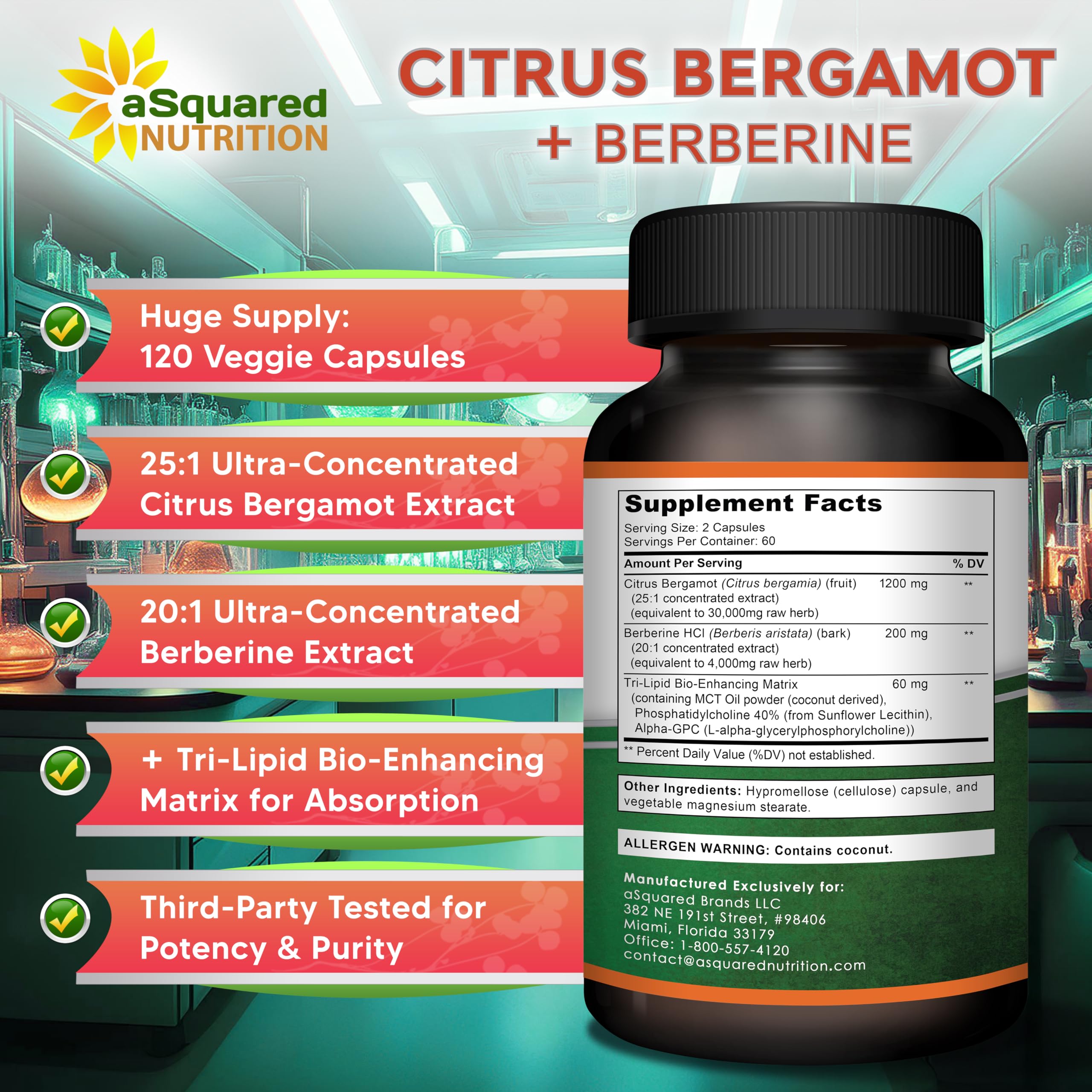aSquared Nutrition Citrus Bergamot with Berberine Supplement - 1400mg Per Serving Max Strength Complex - 120 Capsules - Supports Cardiovascular Health