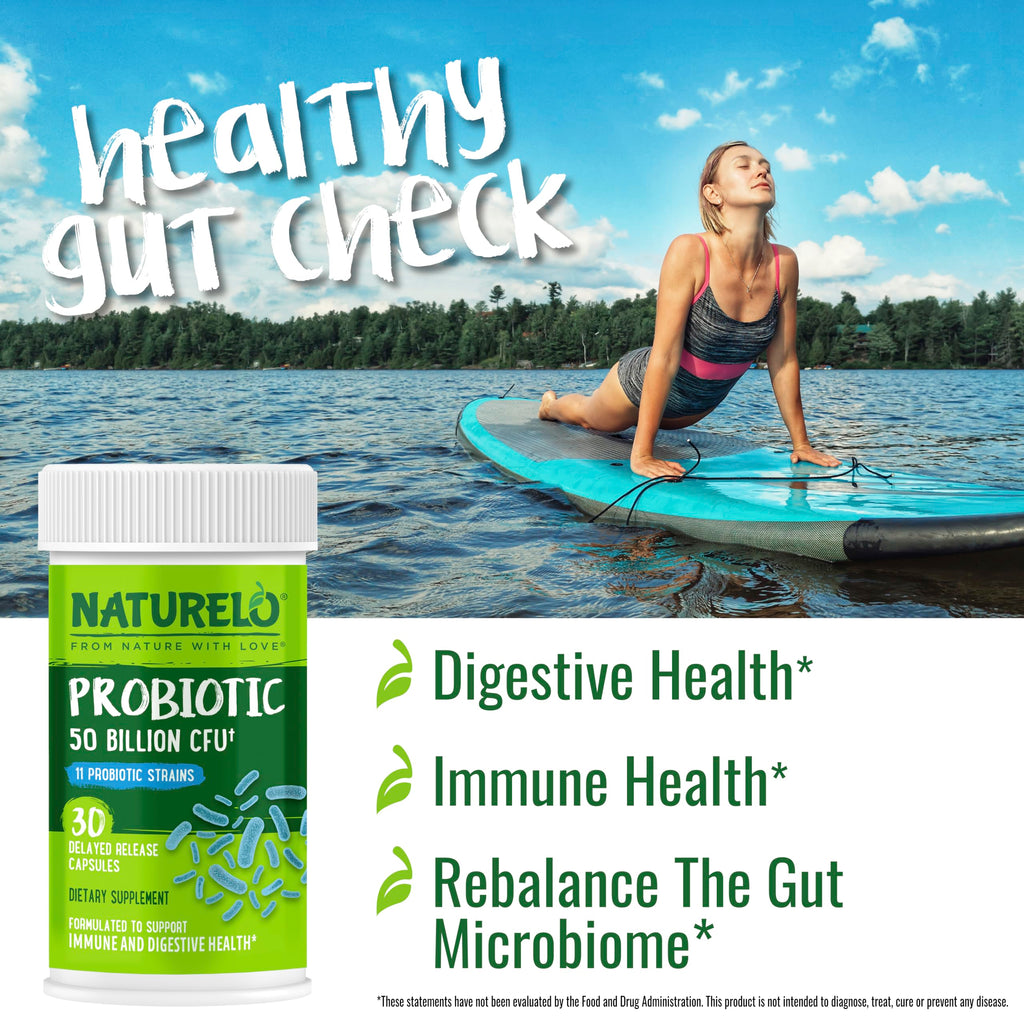 NATURELO Probiotics for Digestive Health, 50 Billion CFU, 30 Vegetarian Capsules, 11 Strains, Daily Use Supplement, Delayed Release, No-Fridge, Helps Boost Immune System,