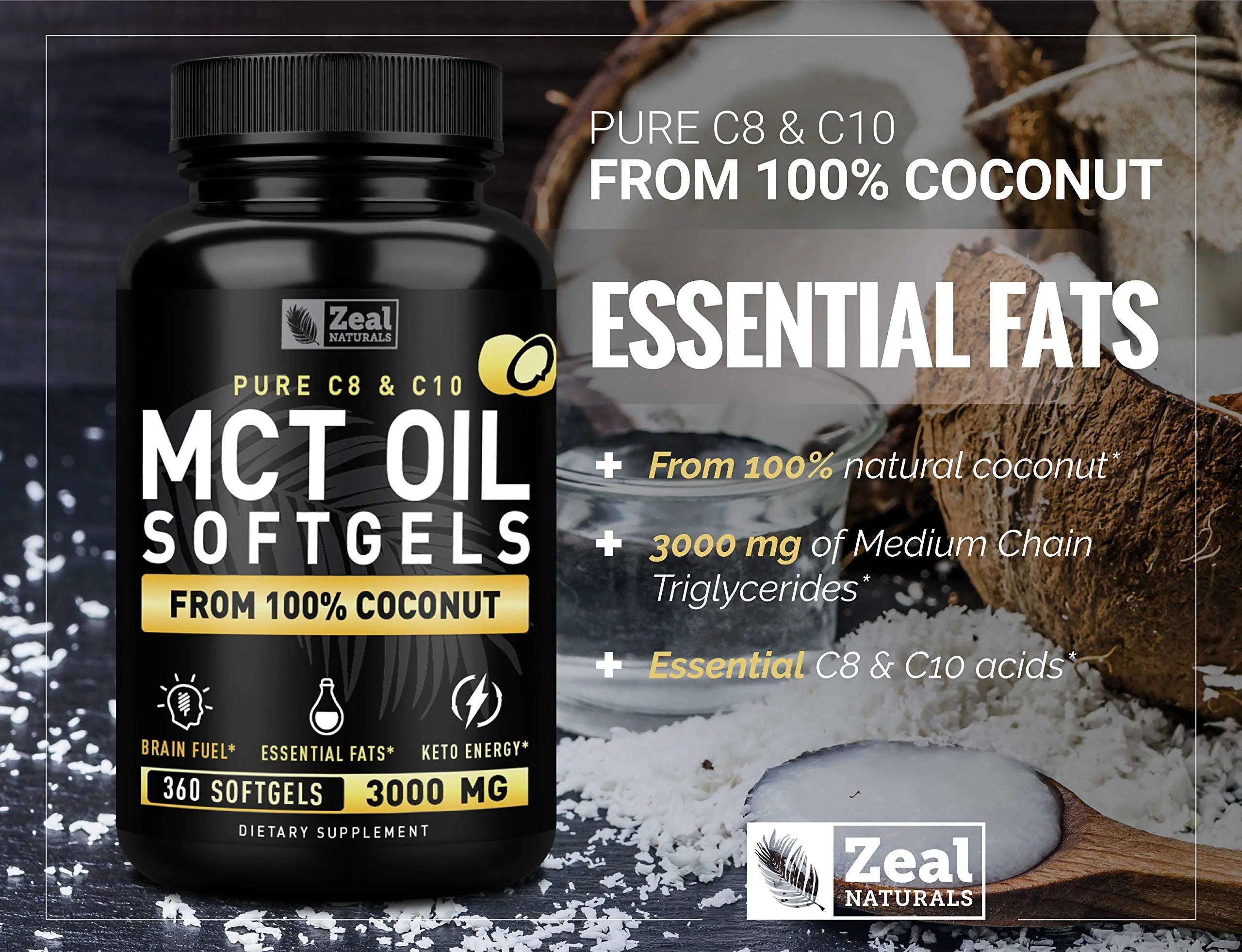 Pure MCT Oil Capsules (360 Softgels | 3000mg) 4 Month Supply Keto Pills w Unrefined Coconut Zeal Naturals Au supplements