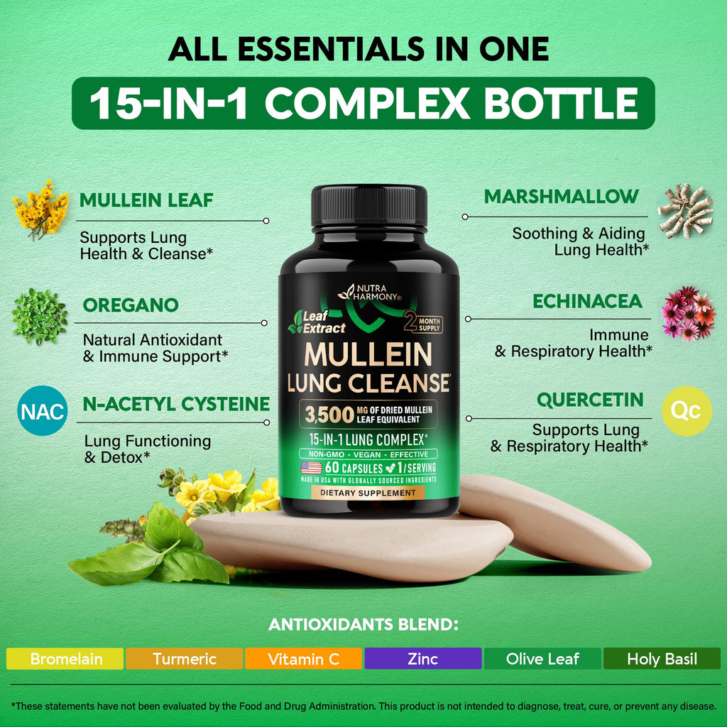 Mullein Lung Detox - Mullein Leaf Extract - Marshmallow Root | Echinacea | Oregano | Quercetin | NAC - 15-in-1 Lung Support & Cleanse for Smokers Supplement