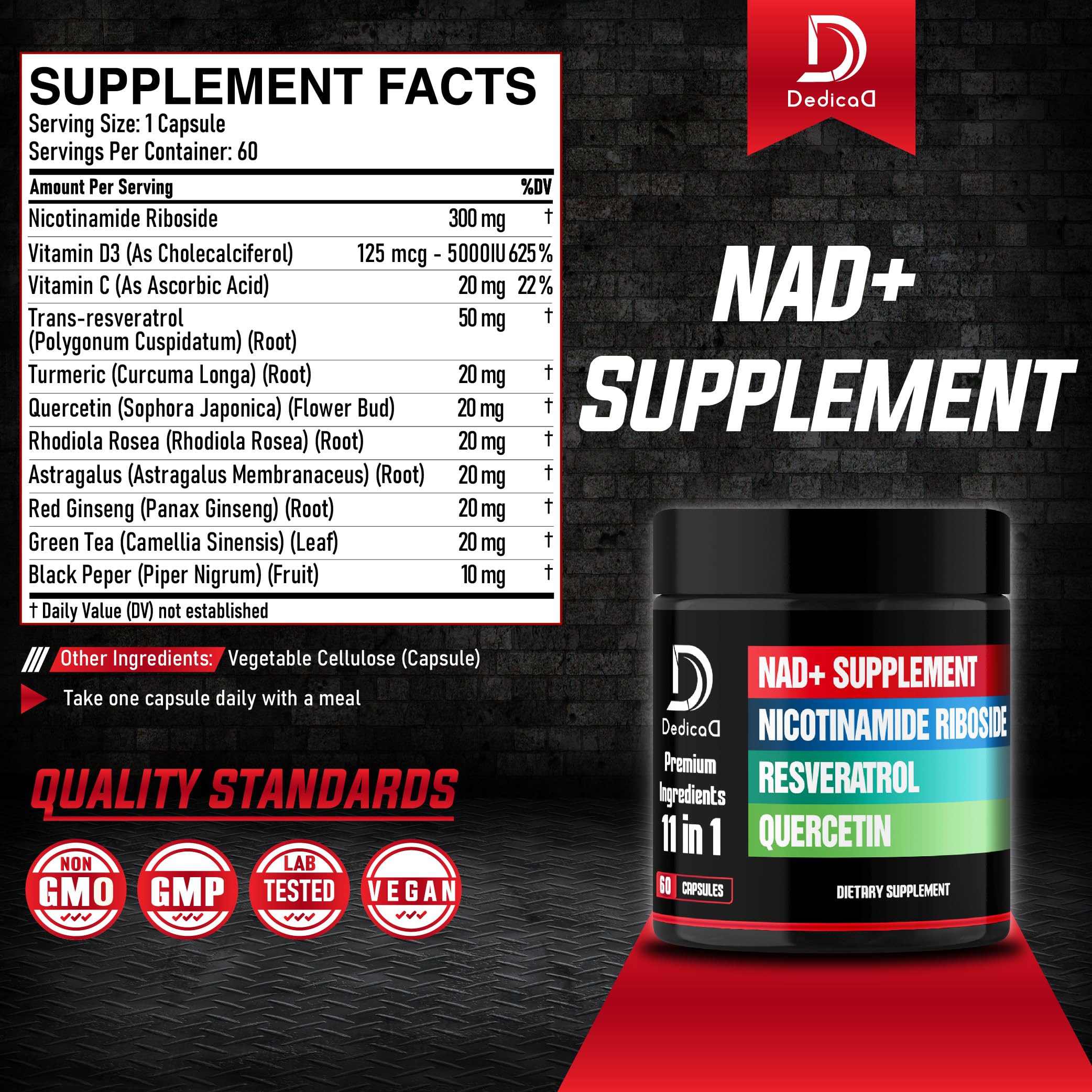 DEDICAD 11in1 NAD Supplement with Nicotinamide Riboside, Quercetin, Resveratrol and 8 More - 2 Month Supply DEDICAD Au supplements
