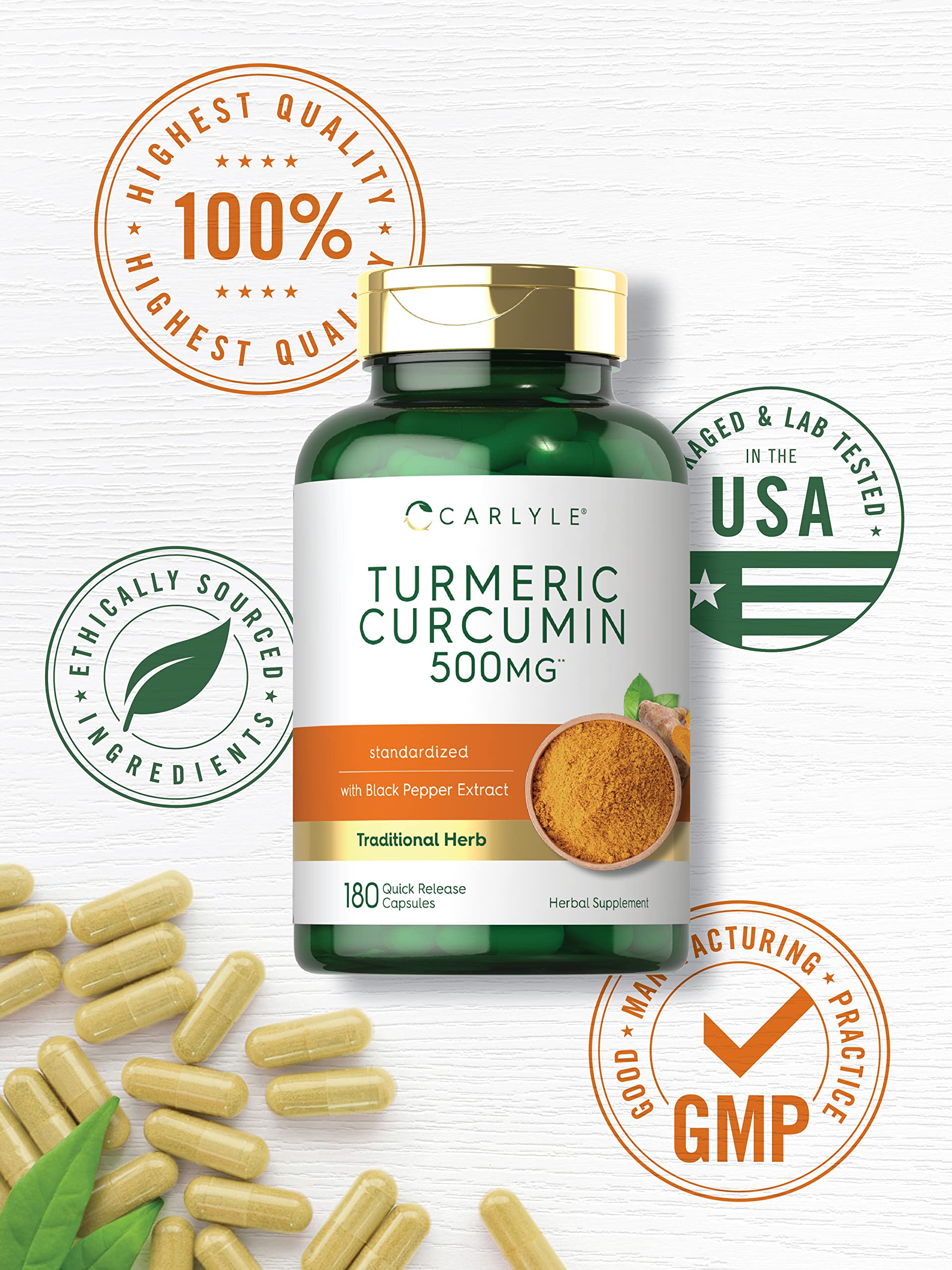 Carlyle Turmeric Curcumin Supplement | 180 Capsules | with Black Pepper Extract | Non-GMO & Gluten Free