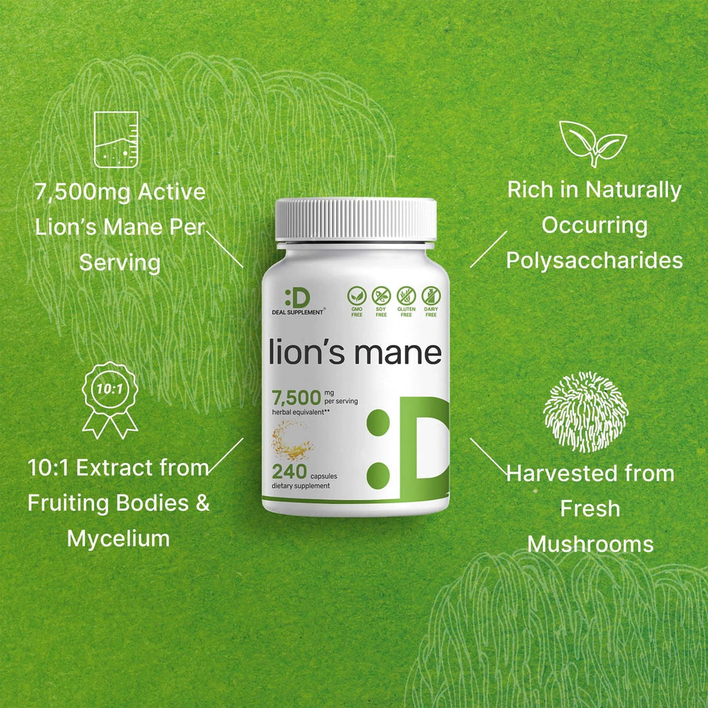 Lions Mane Mushroom Supplement, 7,500mg Per Serving, 240 Capsules – Active Fruiting DEAL SUPPLEMENT Au supplements