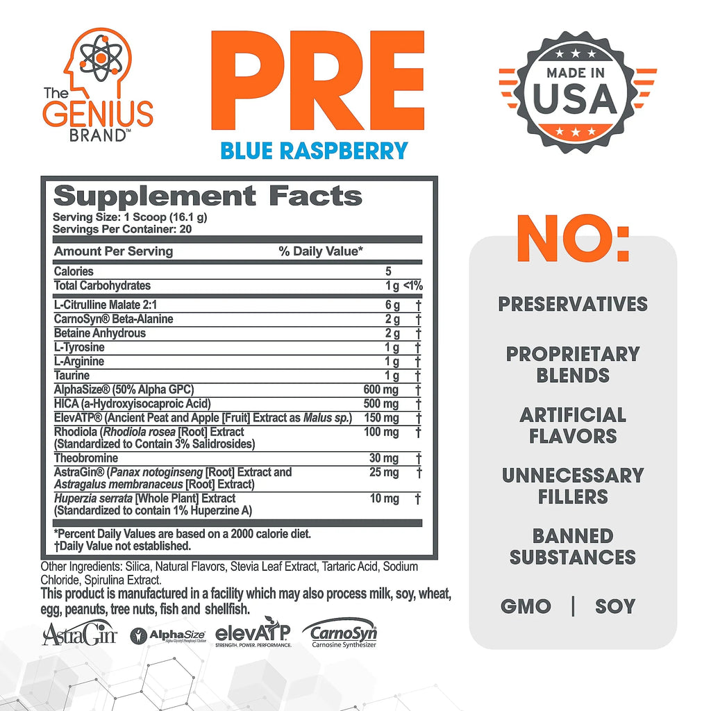 Genius Pre Workout Powder, Blue Raspberry - All-Natural Nootropic Pre-workout & Caffeine The Genius Brand Au supplements