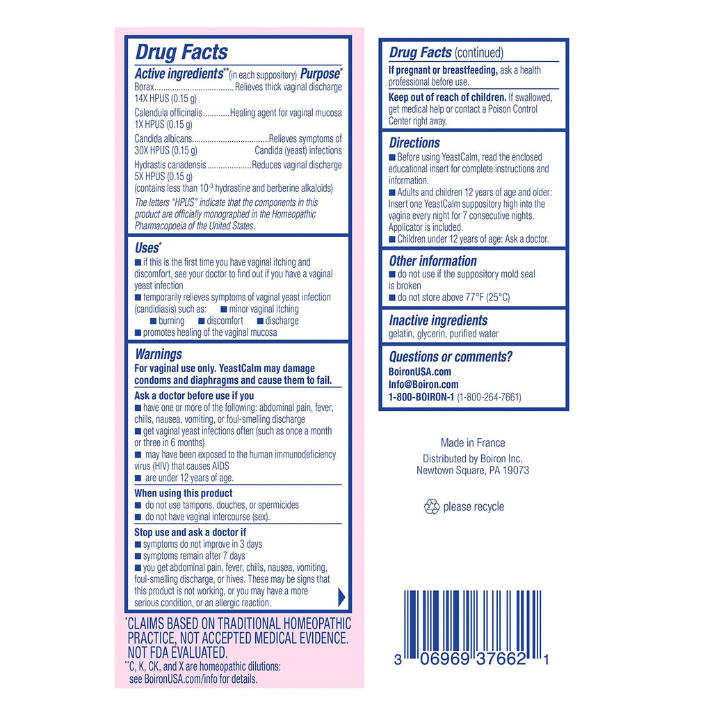 oiron YeastCalm Homeopathic Suppositories for Yeast Infections, Burning, Discharge Boiron Au supplements
