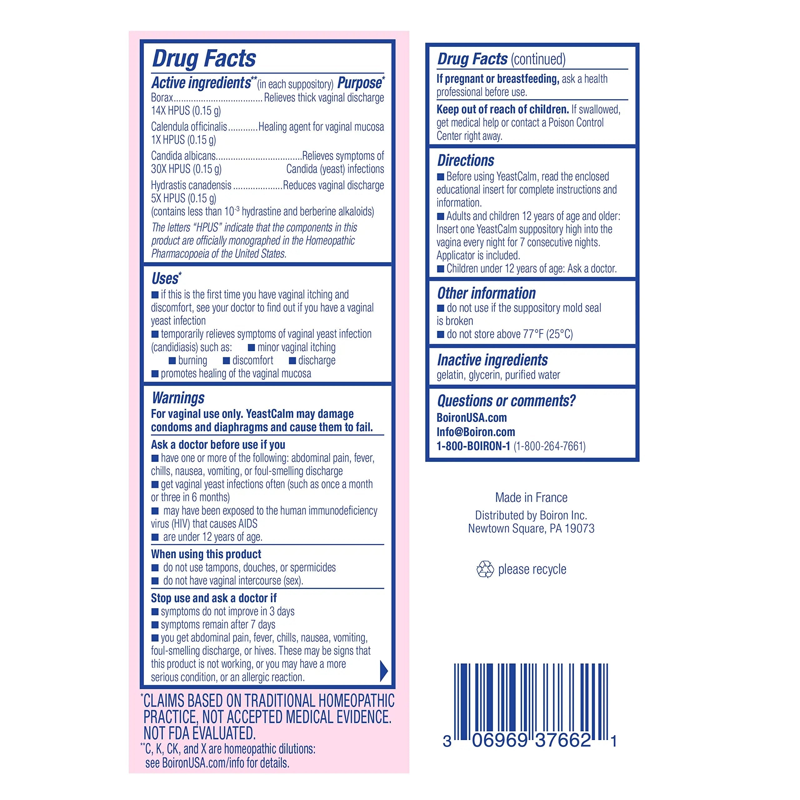 oiron YeastCalm Homeopathic Suppositories for Yeast Infections, Burning, Discharge Boiron Au supplements
