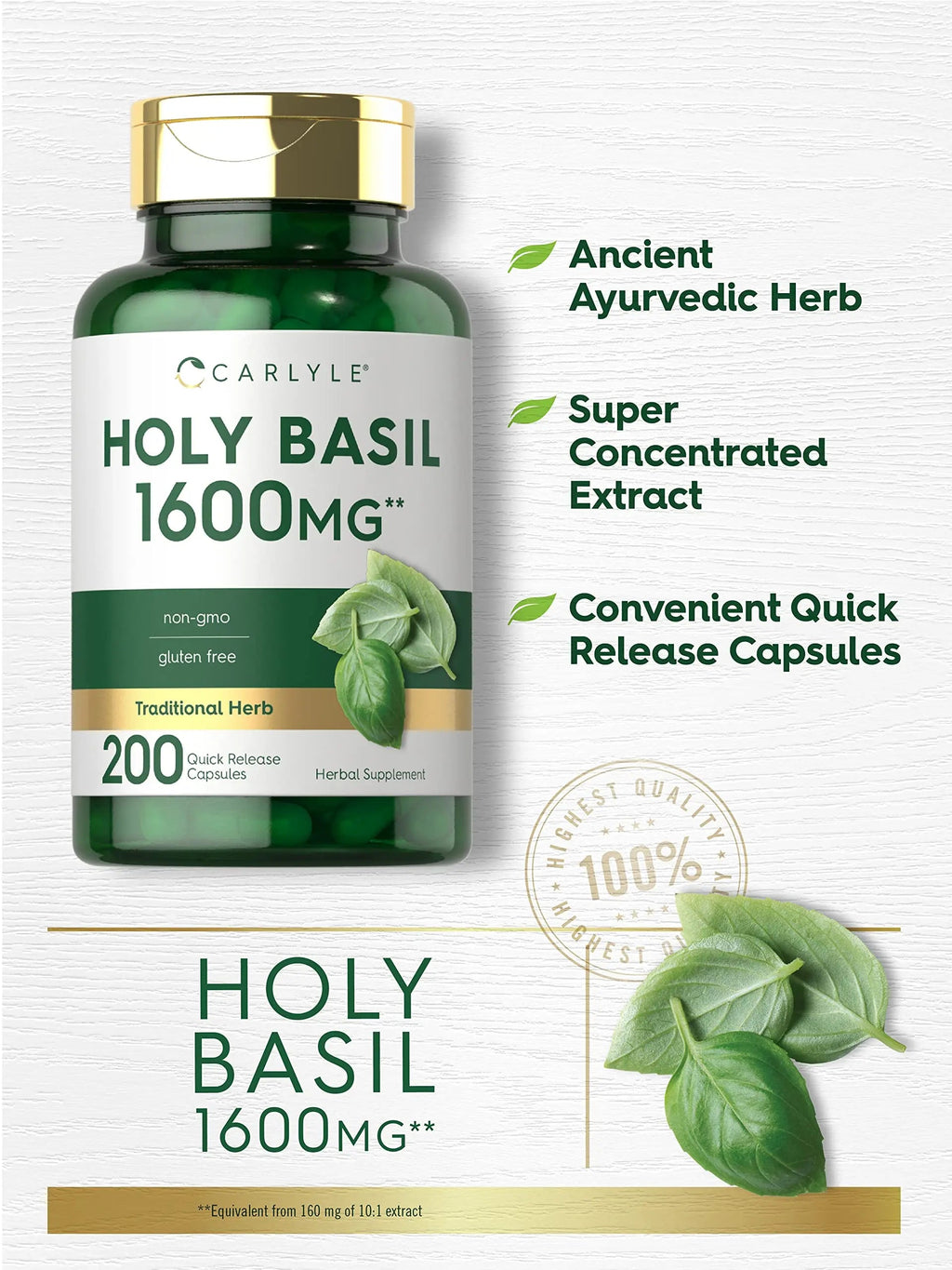 Carlyle Holy Basil Capsules 1600 mg | 200 Count | Tulsi Holy Basil Leaf Extract | Herbal Carlyle Au supplements