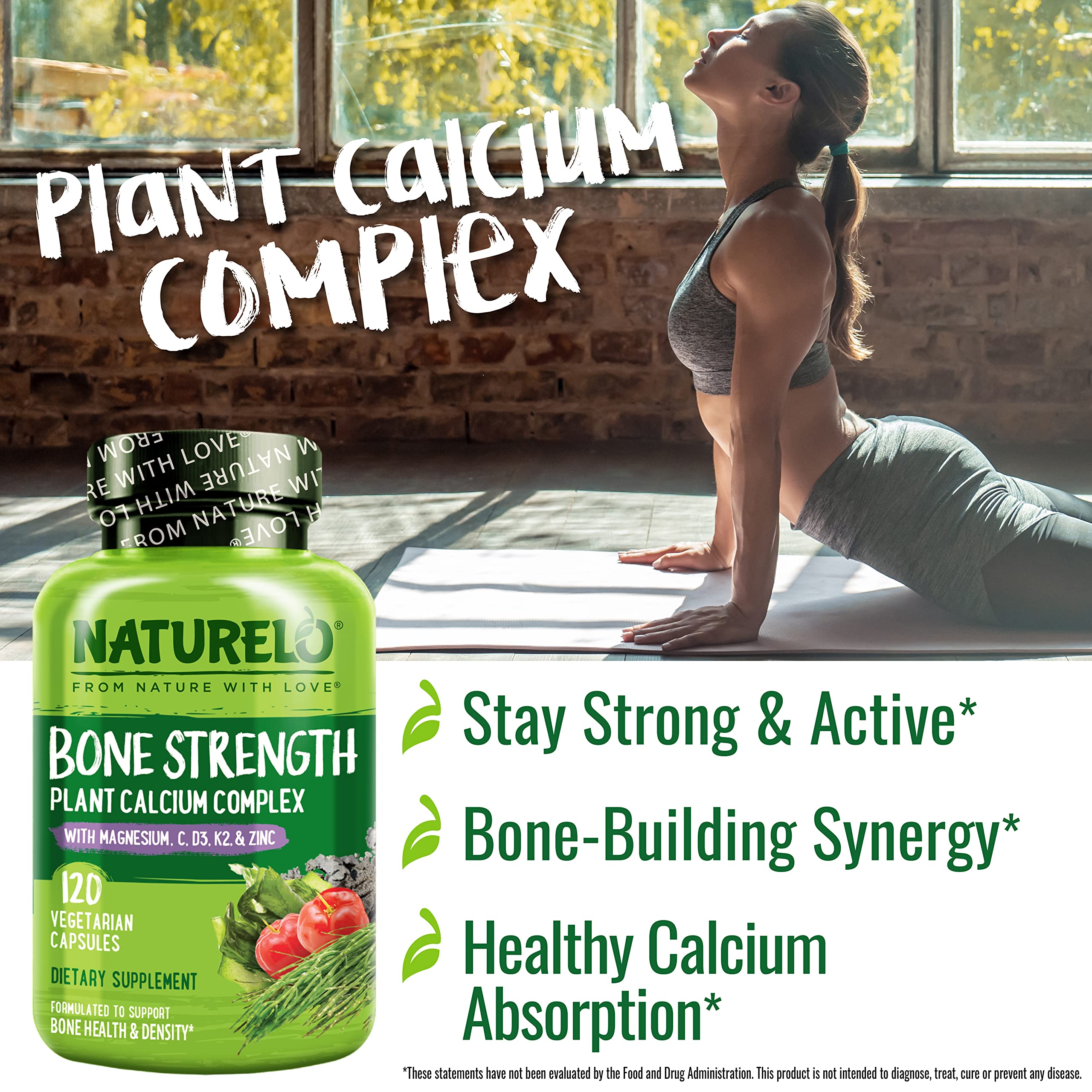 NATURELO Calcium Supplement - with Vitamin C, Vitamin D3, K2, and Calcium Magnesium Zinc for Bone Strength with Calcium 600mg - Plant-Based, 120 Vegetarian Capsules