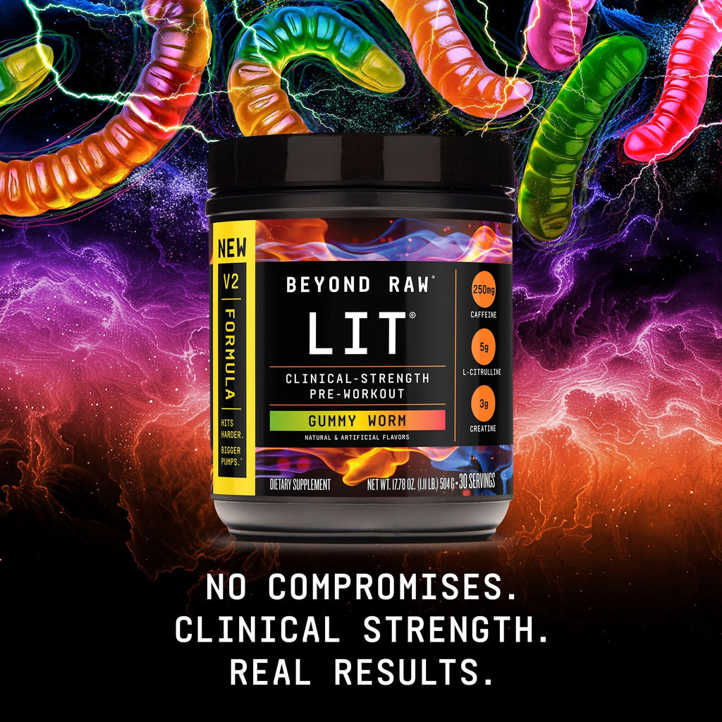 BEYOND RAW LIT V2 Clinical Strength Pre Workout Powder, Hits Harder, Bigger Pumps, Caffeine, L-Citrulline, Creatine, Gummy Worm, 30 Servings