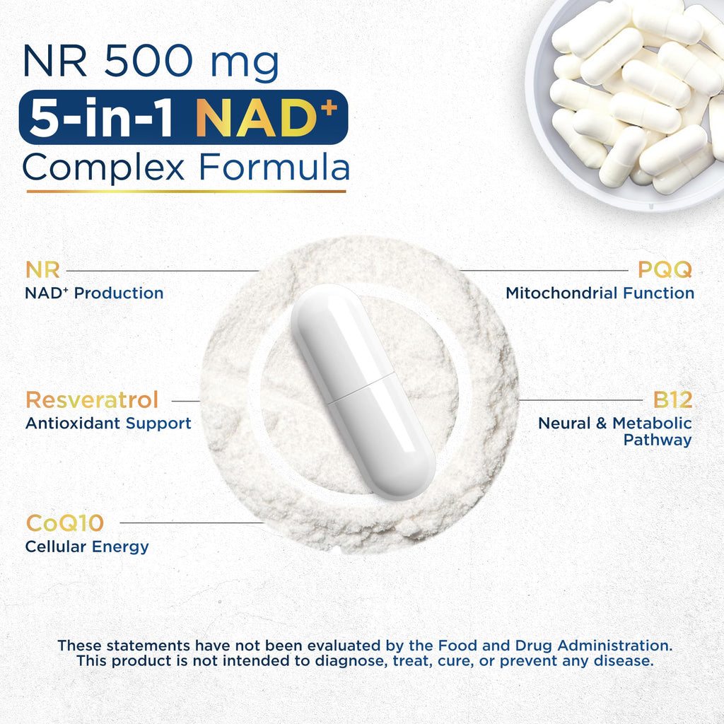 Anyglory NAD+ Supplement with 500mg NR, Resveratrol, CoQ10, PQQ- 5-in-1 NAD Formula |NMN Supplement Alternative|NAD Resveratrol Support Cellular Energy & Healthy Aging-Made in USA-60 Capsules Anyglory Au supplements