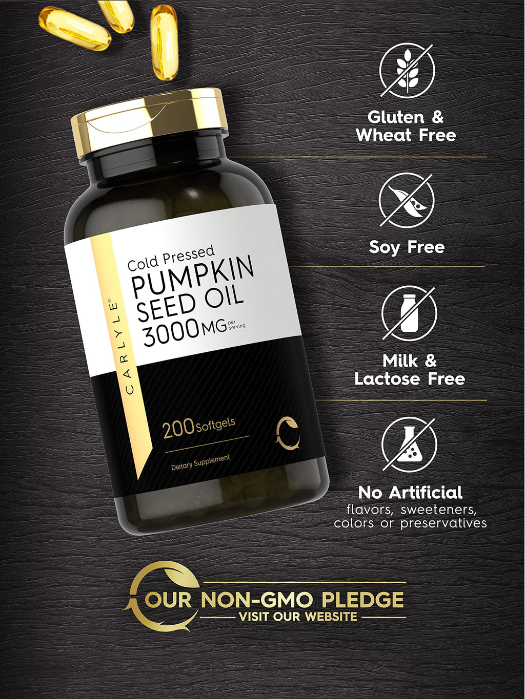 Carlyle Pumpkin Seed Oil Capsules | 3000mg | 200 Softgels | Essential Fatty Acids | Cold Pressed Dietary Supplement | Non-GMO and Gluten Free Formula