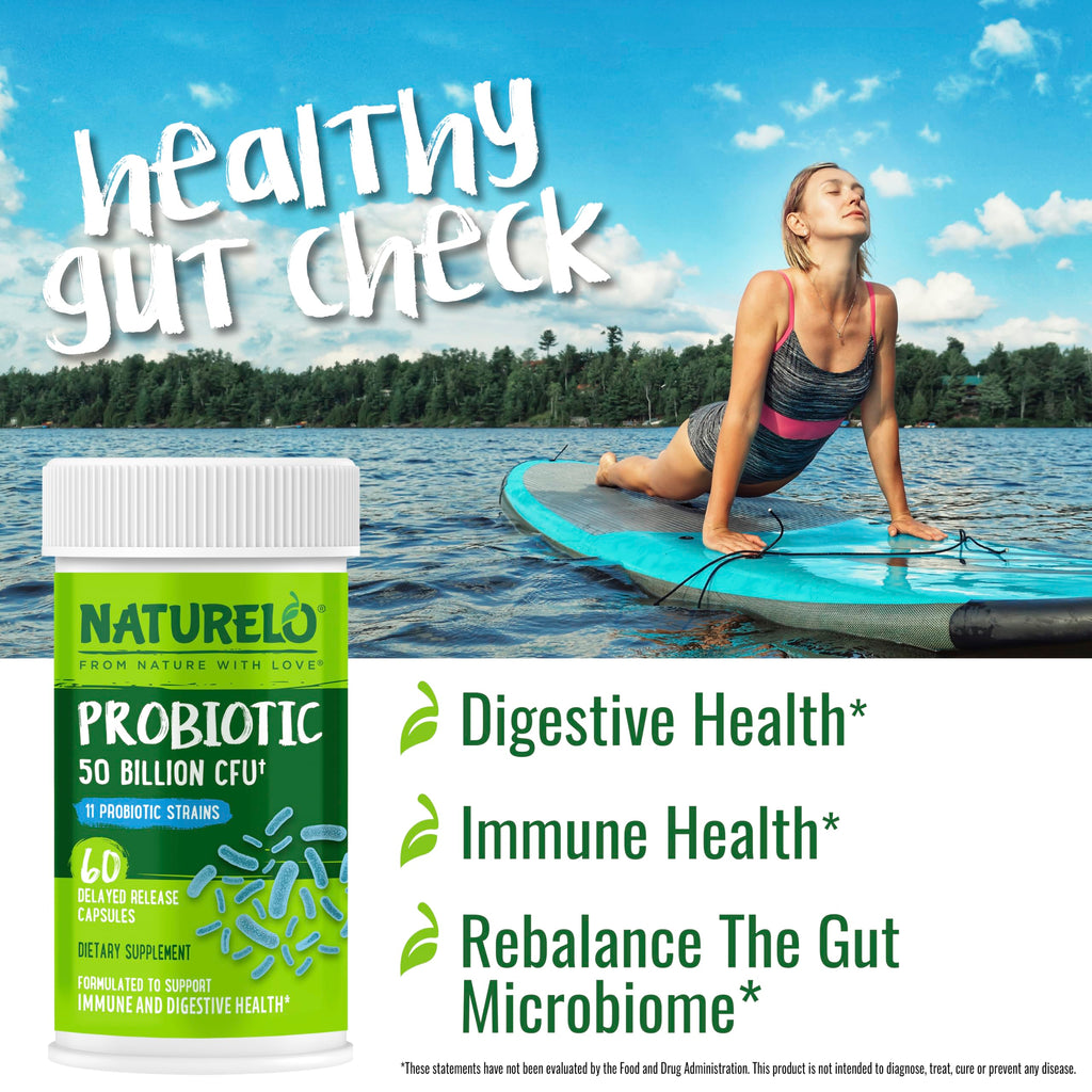 NATURELO Probiotics for Digestive Health - 50 Billion CFU, 11 Strains, Daily Use Supplement - Boosts Immune System, Delayed Release,