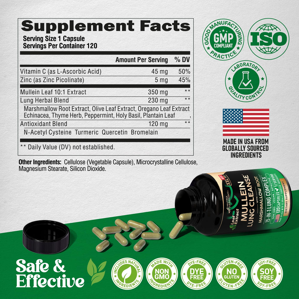Mullein Lung Detox - Mullein Leaf Extract - Marshmallow Root | Echinacea | Oregano | Quercetin | NAC - 15-in-1 Lung Support & Cleanse for Smokers Supplement