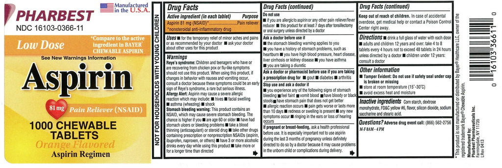 Pharbest Aspirin 81mg Chewable Orange Tablets 1000 Count Per Bottle PHARBEST Au supplements