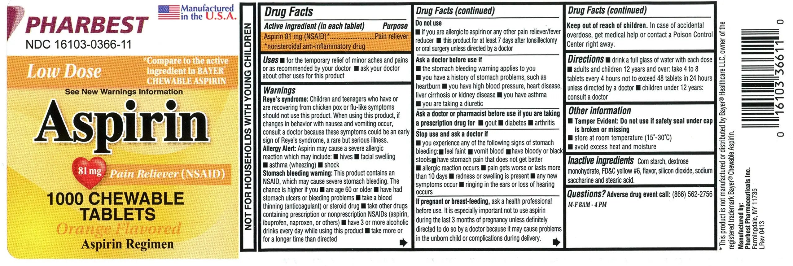 Pharbest Aspirin 81mg Chewable Orange Tablets 1000 Count Per Bottle PHARBEST Au supplements