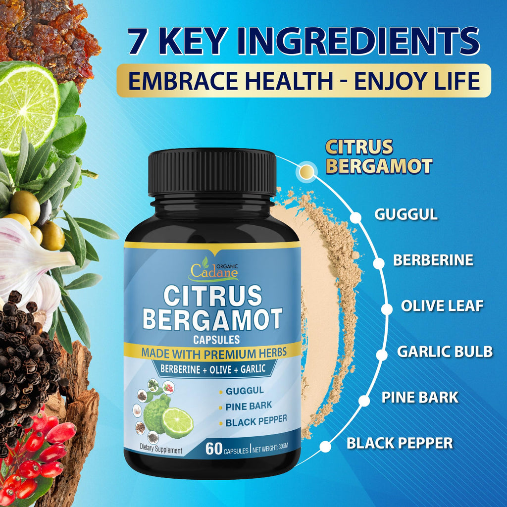 Cadane 2 Packs Citrus Bergamot Extract Capsules with Berberine, Olive, Guggul, Garlic, Pine Bark, Black Pepper | 4 Months Supply