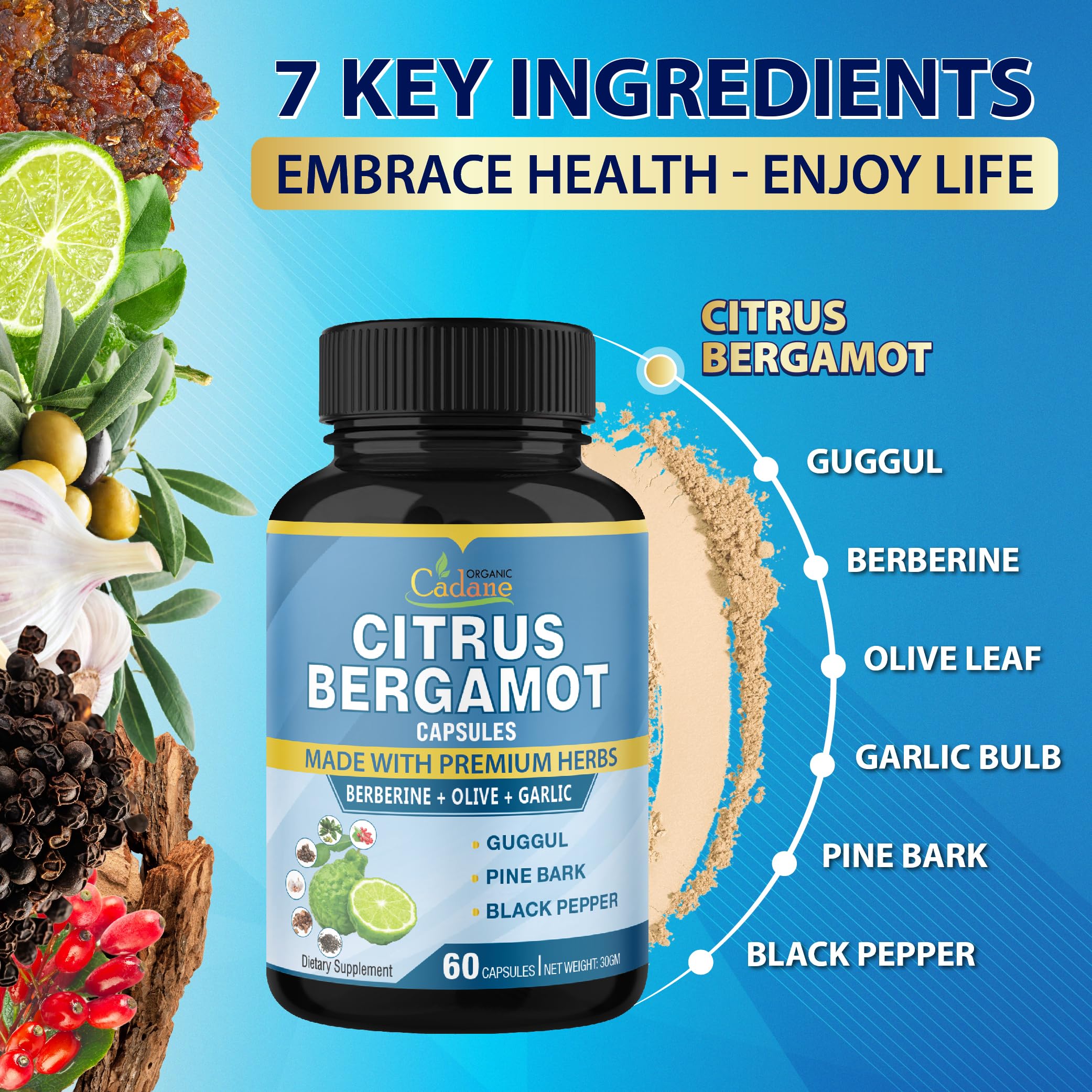 Cadane 2 Packs Citrus Bergamot Extract Capsules with Berberine, Olive, Guggul, Garlic, Pine Bark, Black Pepper | 4 Months Supply