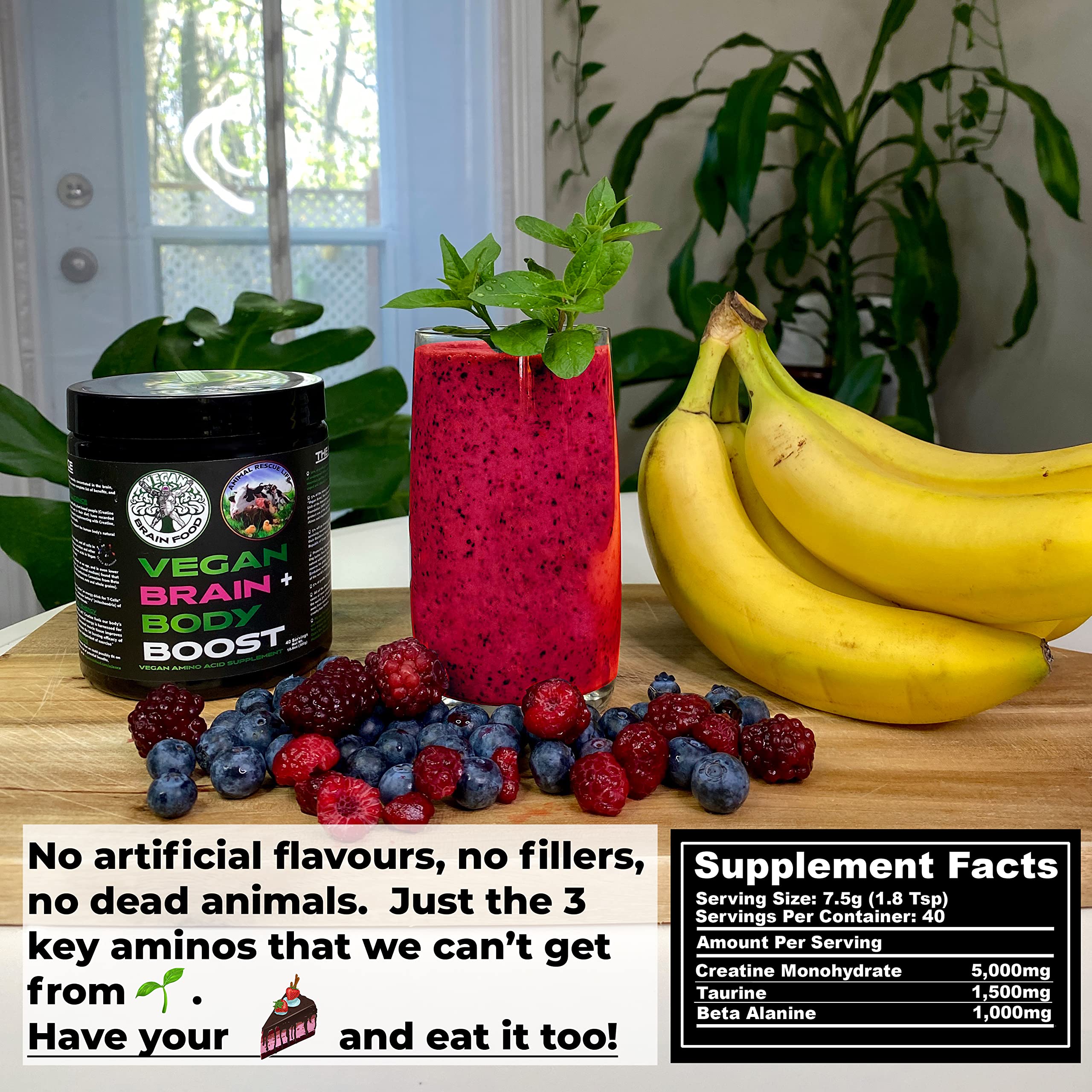 Vegan Brain & Body Boost: The Cherry On Top of A Plant-Based Lifestyle | Working Intelligence | Anti-Aging | Physical Fitness | Vegan Amino Acids - Creatine, Taurine & Beta Alanine | 40 Servings/300g Vegan Brain Food Au supplements