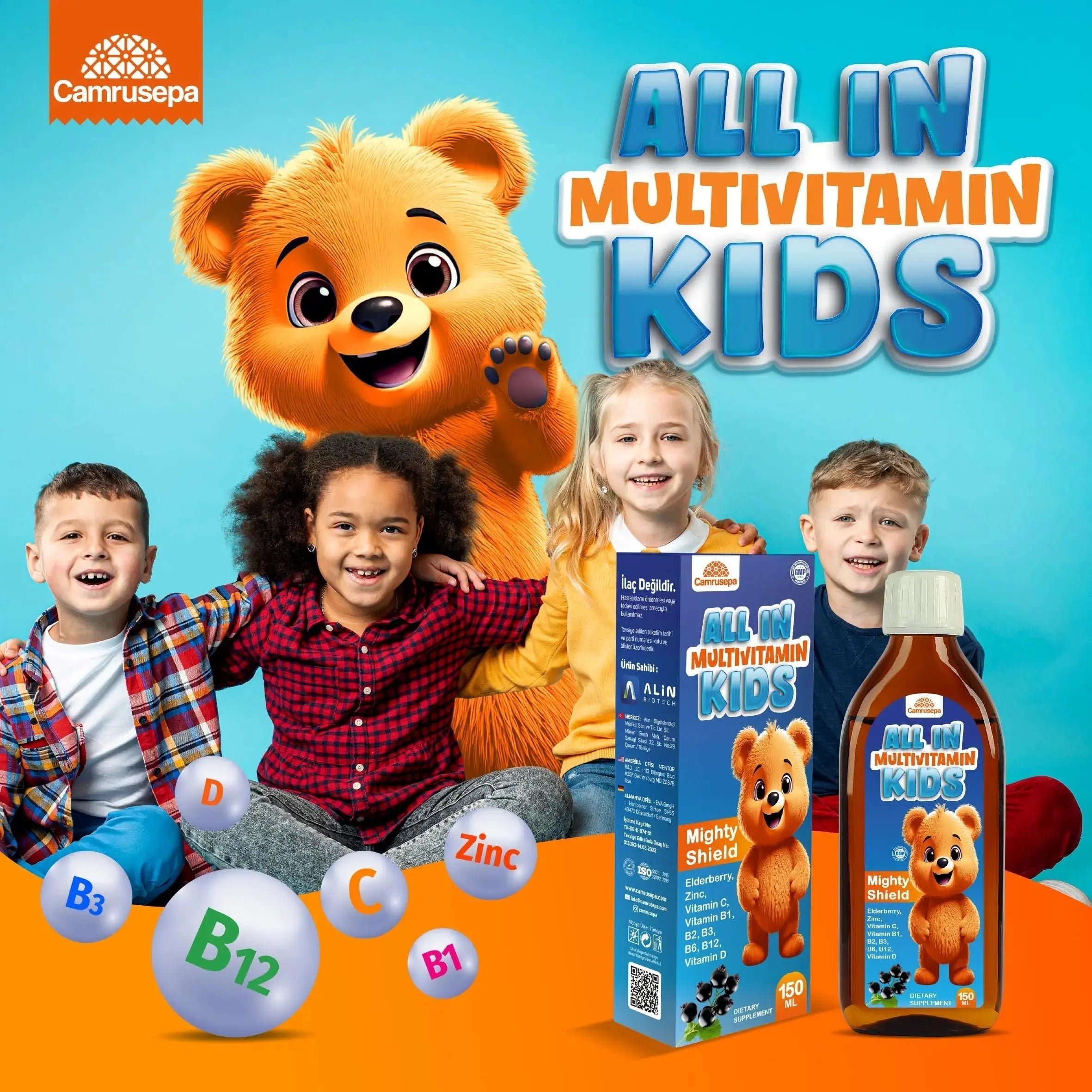 CAMRUSEPA All in Multivitamin Kids Syrup – Black Elderberry Flavored, Inositol, Zinc, Vitamin C, Daily Liquid Multivitamin Camrusepa Au supplements