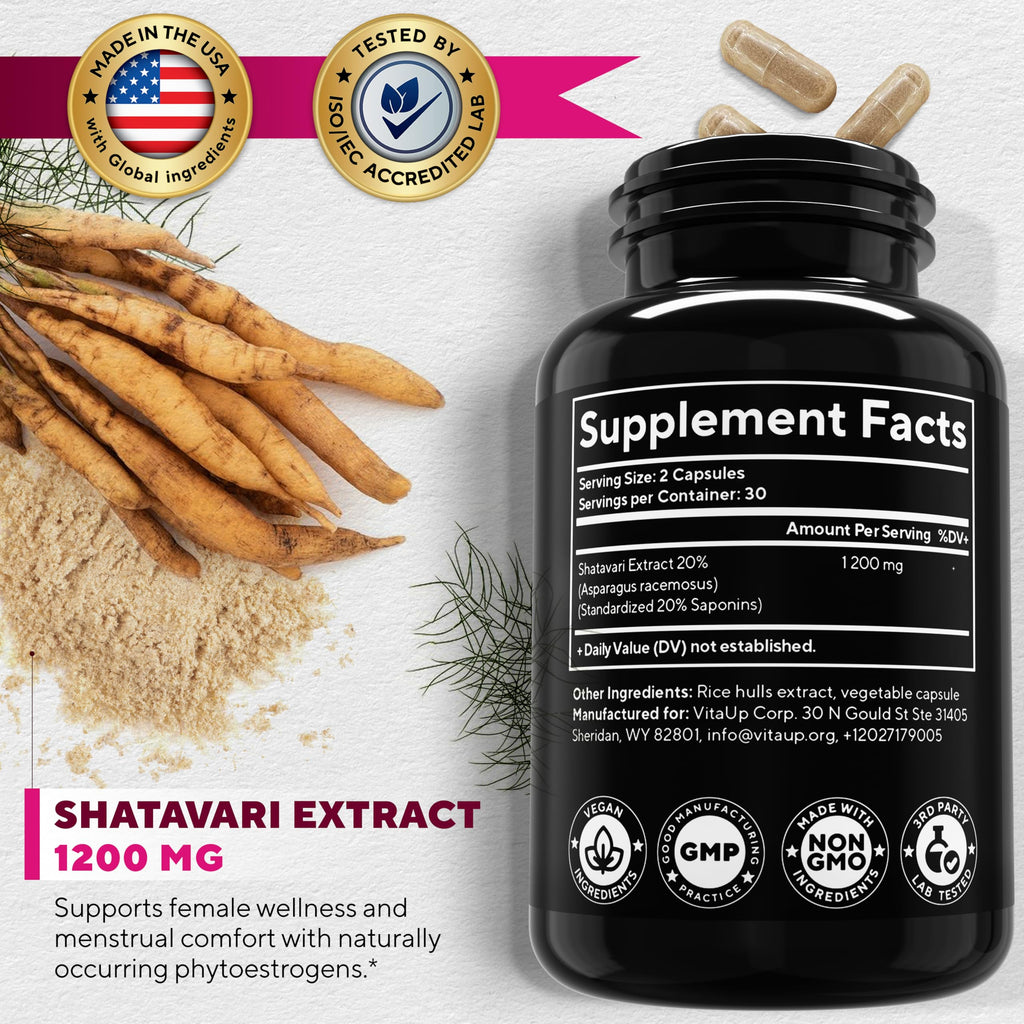 VitaUp Shatavari Capsules for Women 1200mg - USA Made Shatavari Root Supplement for Normal Hormonal Support, Menopause & Menstrual Wellness - 60 Vegan Capsules VitaUp Au supplements
