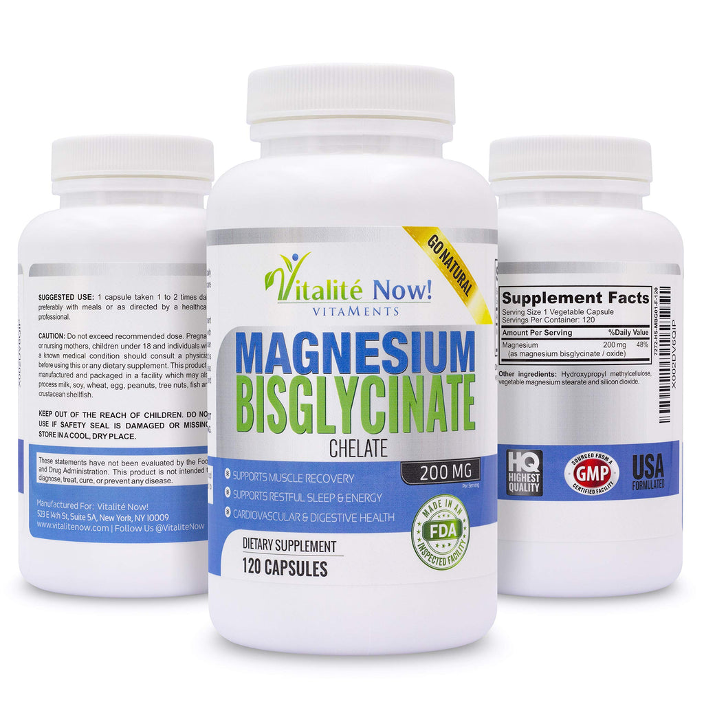 Vitalité Now! Magnesium Bisglycinate 200mg - 100% Chelated Capsules for Superior Absorption - Gentle Formula, No Laxative Effect - Sleep Energy Cramps Muscle Support - Fully Reacted & Buffered Vitalité Now! Au supplements