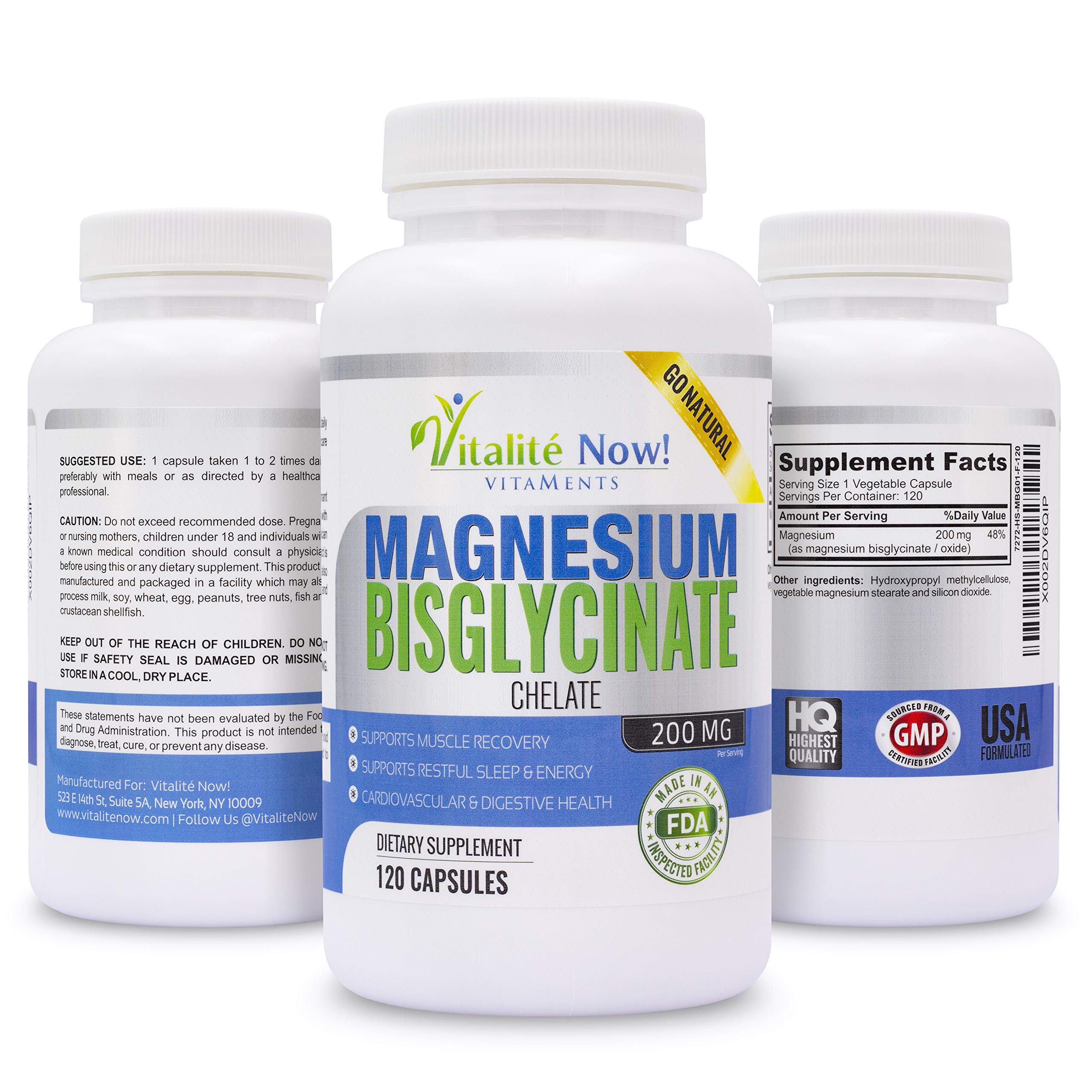 Vitalité Now! Magnesium Bisglycinate 200mg - 100% Chelated Capsules for Superior Absorption - Gentle Formula, No Laxative Effect - Sleep Energy Cramps Muscle Support - Fully Reacted & Buffered Vitalité Now! Au supplements