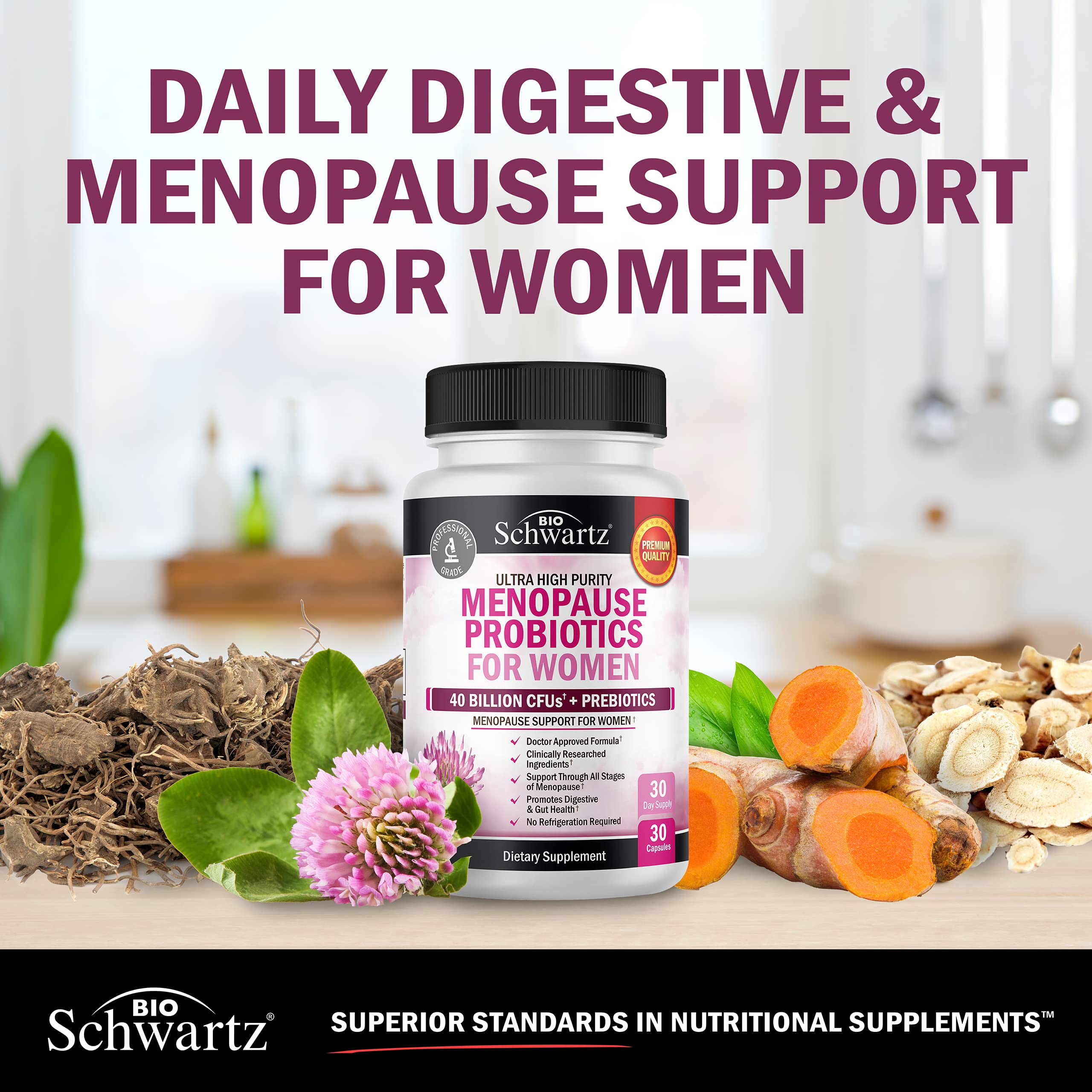 Menopause Supplements for Women - 40 Billion CFU Menopause Probiotics for Women - Support for Hot Flashes Night Sweats Mood Swings and Balance - Non-GMO, 30 Easy-Swallow Capsules, 30 Servings BioSchwartz Au supplements