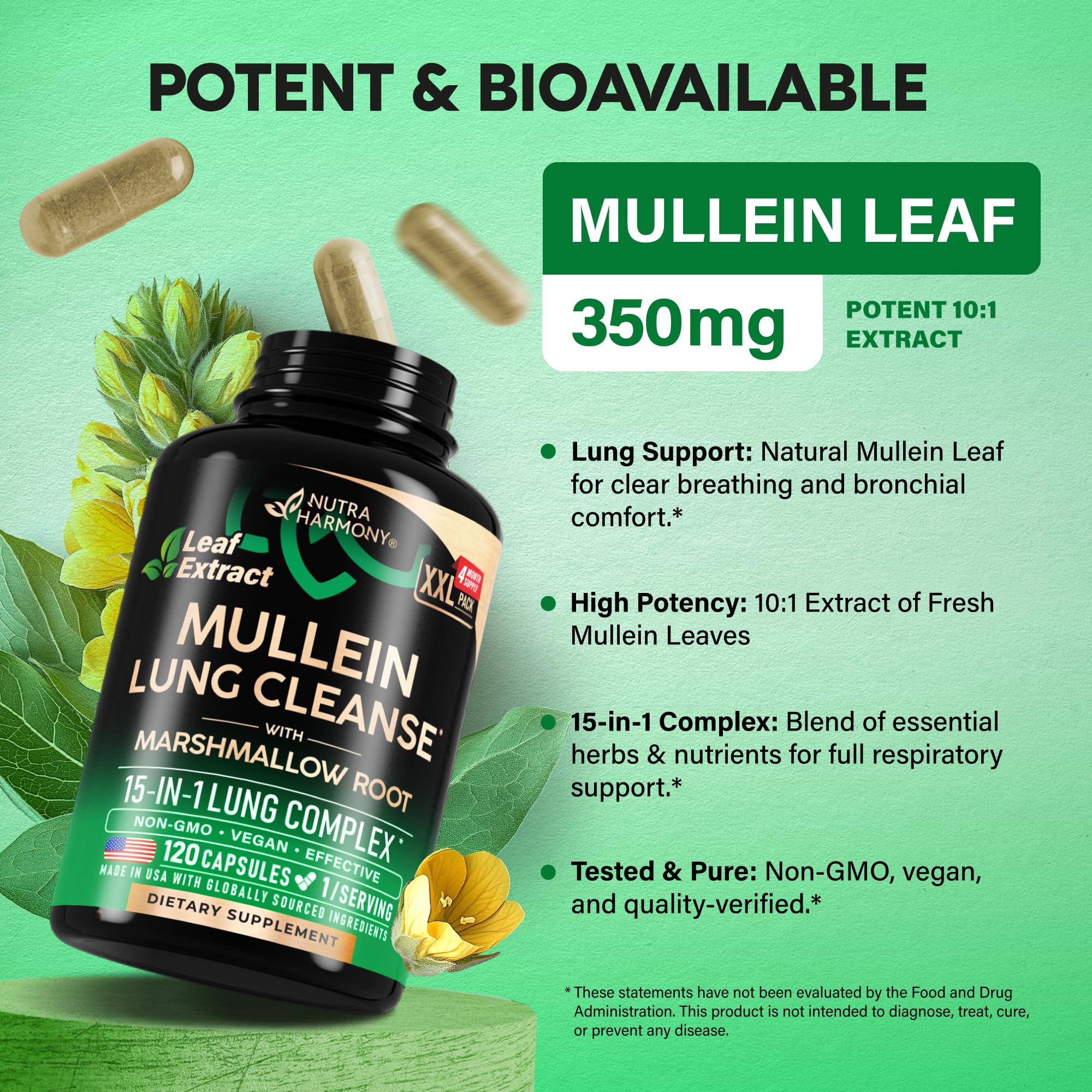 Mullein Lung Detox - Mullein Leaf Extract - Marshmallow Root | Echinacea | Oregano | Quercetin | NAC - 15-in-1 Lung Support & Cleanse for Smokers Supplement
