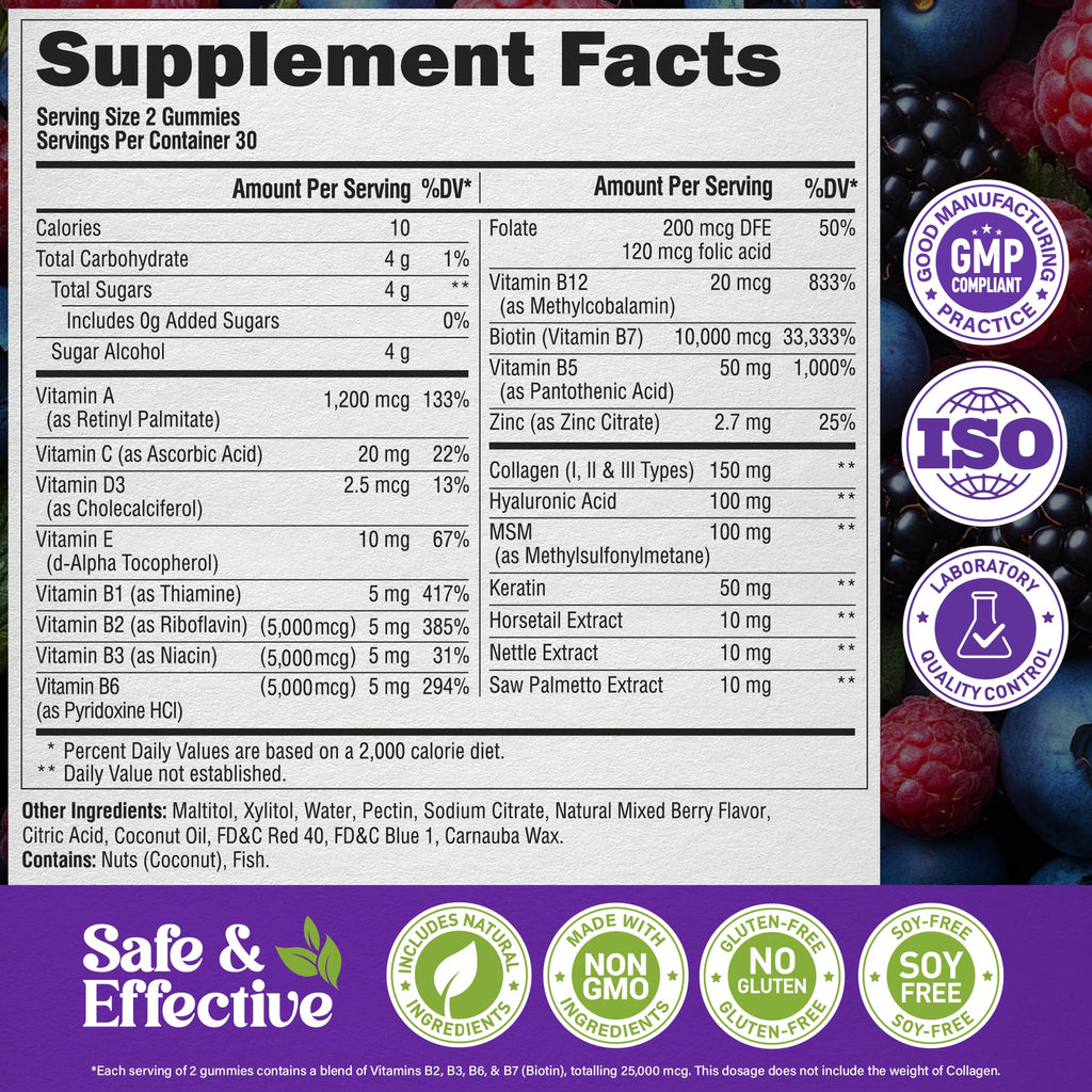 Biotin Gummies with Collagen - Hair Growth Support Skin, & Nail Strength - for Women & Men - Biotin 10000mcg | Keratin | Hyaluronic Acid | B-Complex | Saw Palmetto
