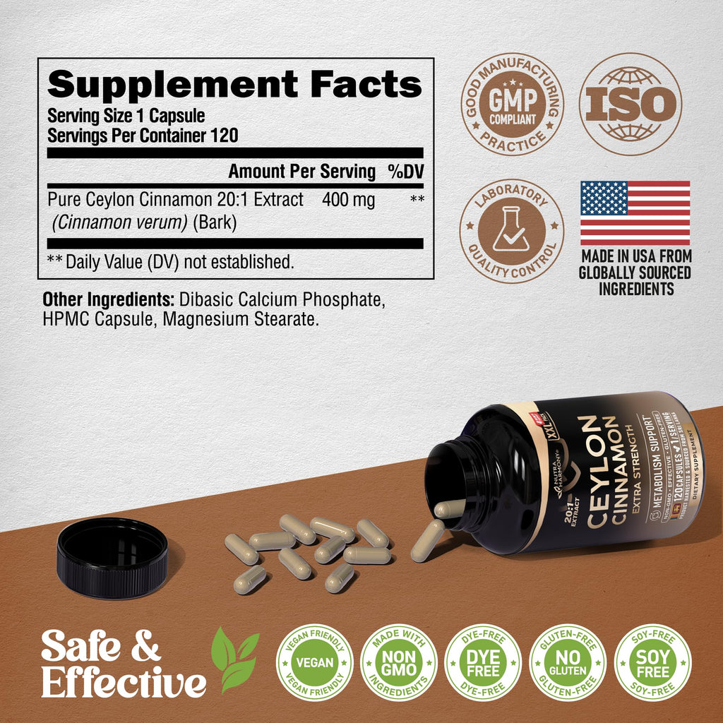 Ceylon Cinnamon Capsules - Extra Strength - Energy, Heart & Metabolism Support - for Men & Women - Pure Natural Extract 20:1 Supplement - Made in USA -