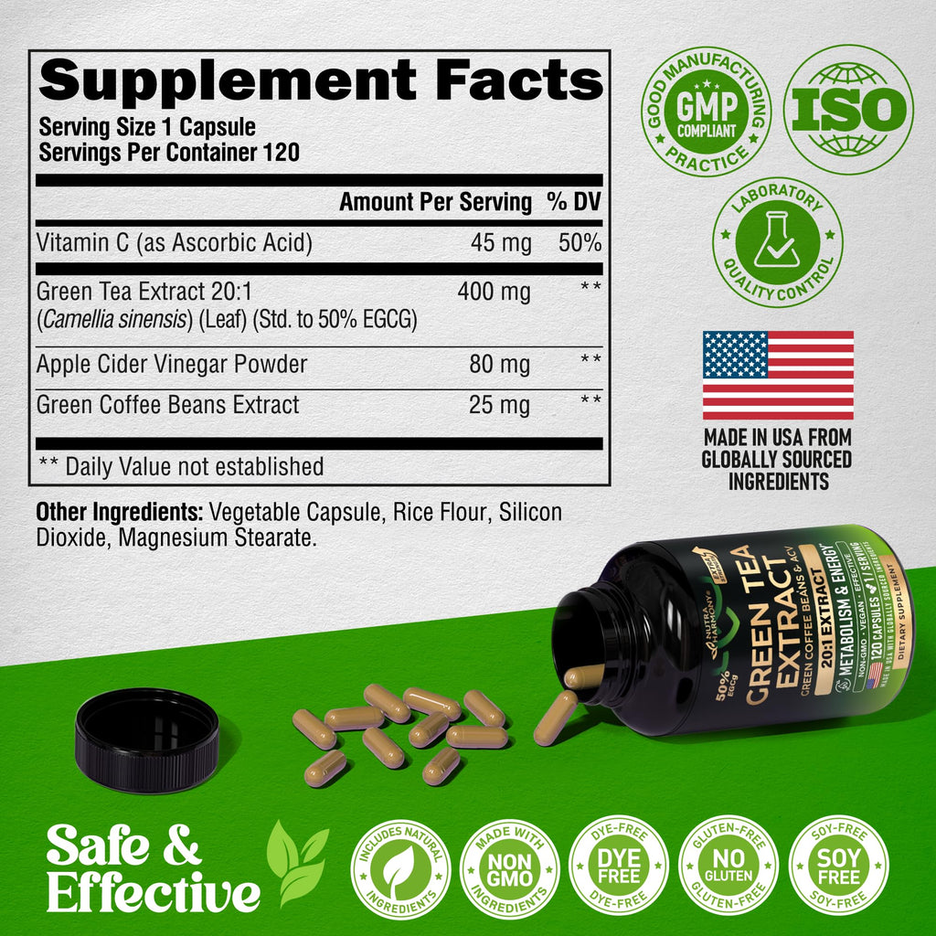 Green Tea Extract - 50% EGCG, Extra Strength 20:1 Extract - Natural Green Tea Supplement + Green Coffee Beans & Apple Cider Vinegar - Energy & Metabolism Support