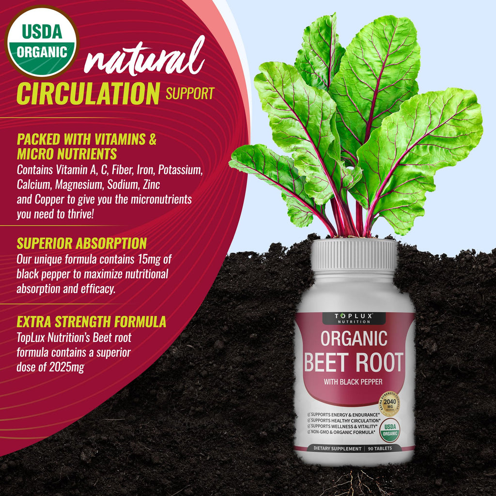 Toplux Organic Beet Root Powder Tablets - 2040mg Natural Nitric Oxide Beets to Support, Energy, Black Pepper Better Absorption, Non-GMO, for Men Women, 90 Tablets