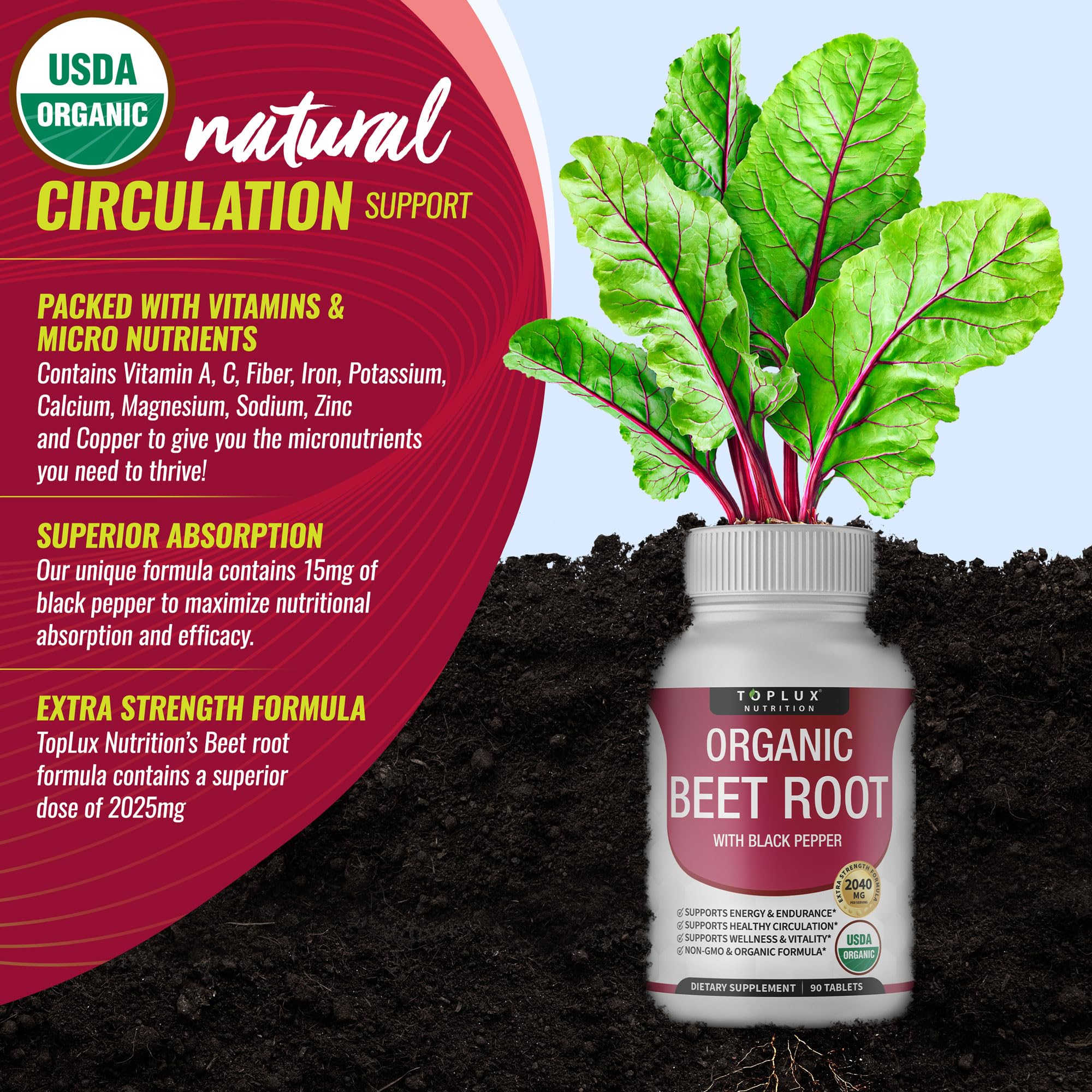 Toplux Organic Beet Root Powder Tablets - 2040mg Natural Nitric Oxide Beets to Support, Energy, Black Pepper Better Absorption, Non-GMO, for Men Women, 90 Tablets