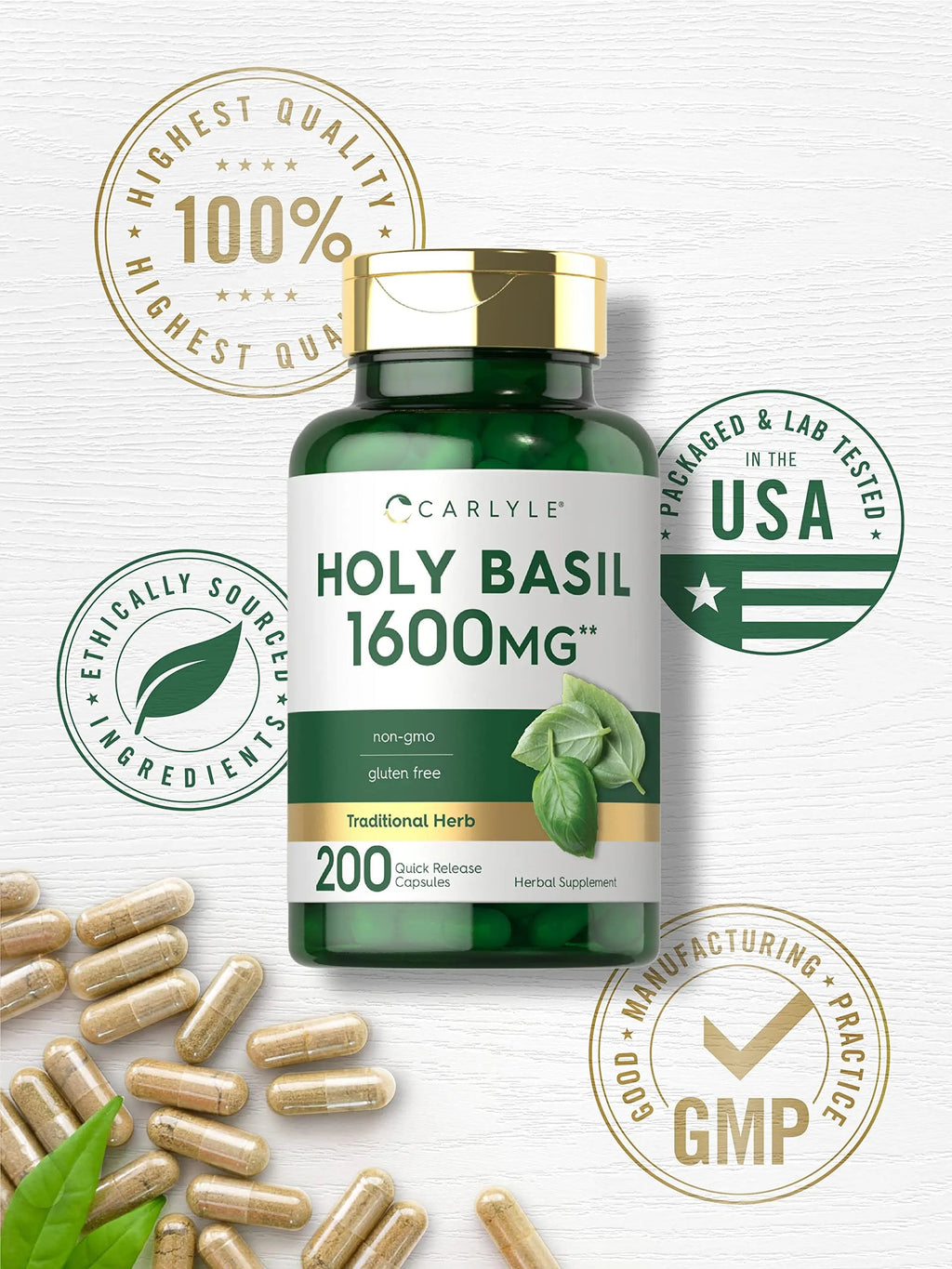 Carlyle Holy Basil Capsules 1600 mg | 200 Count | Tulsi Holy Basil Leaf Extract | Herbal Carlyle Au supplements