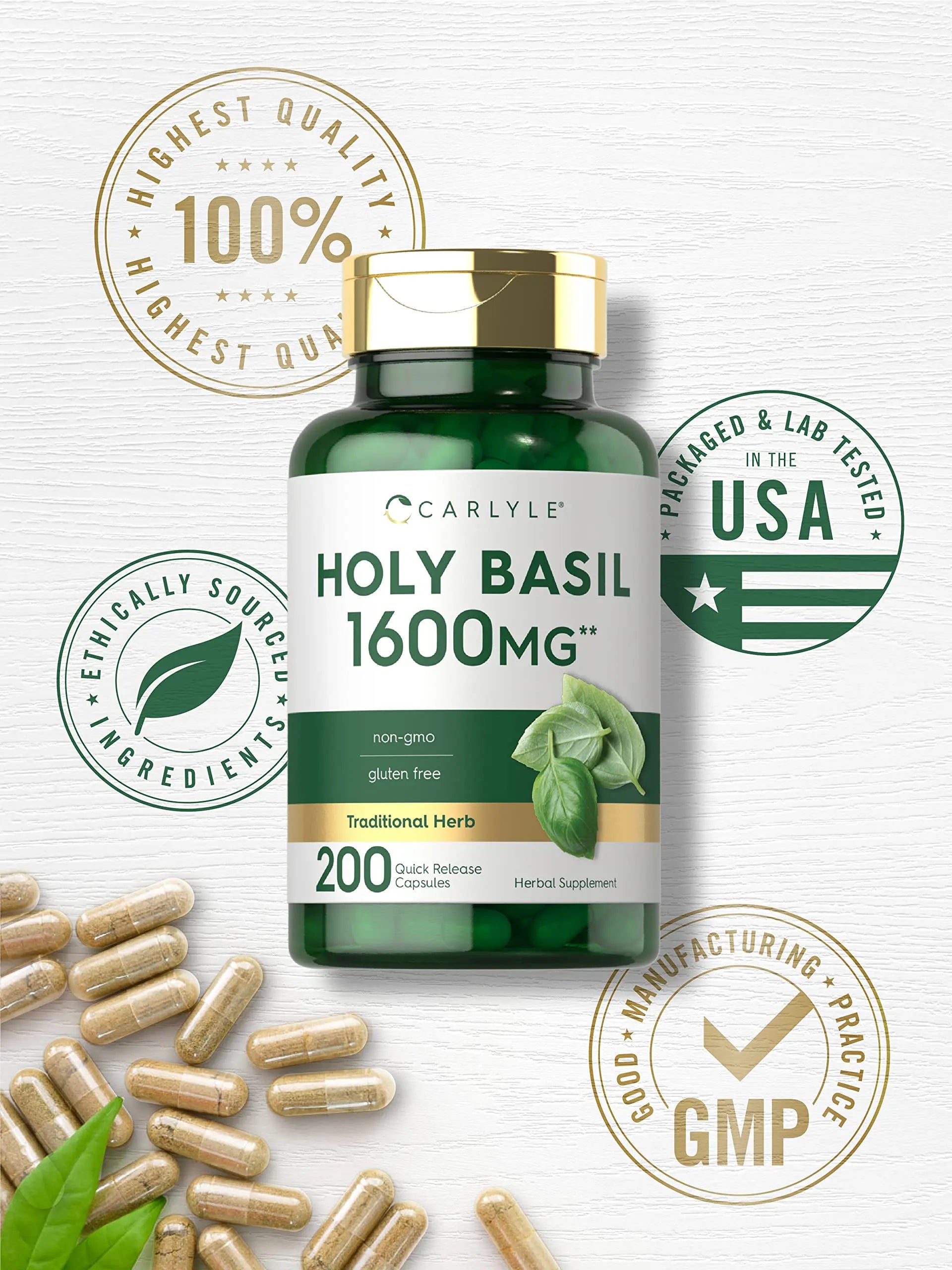 Carlyle Holy Basil Capsules 1600 mg | 200 Count | Tulsi Holy Basil Leaf Extract | Herbal Carlyle Au supplements