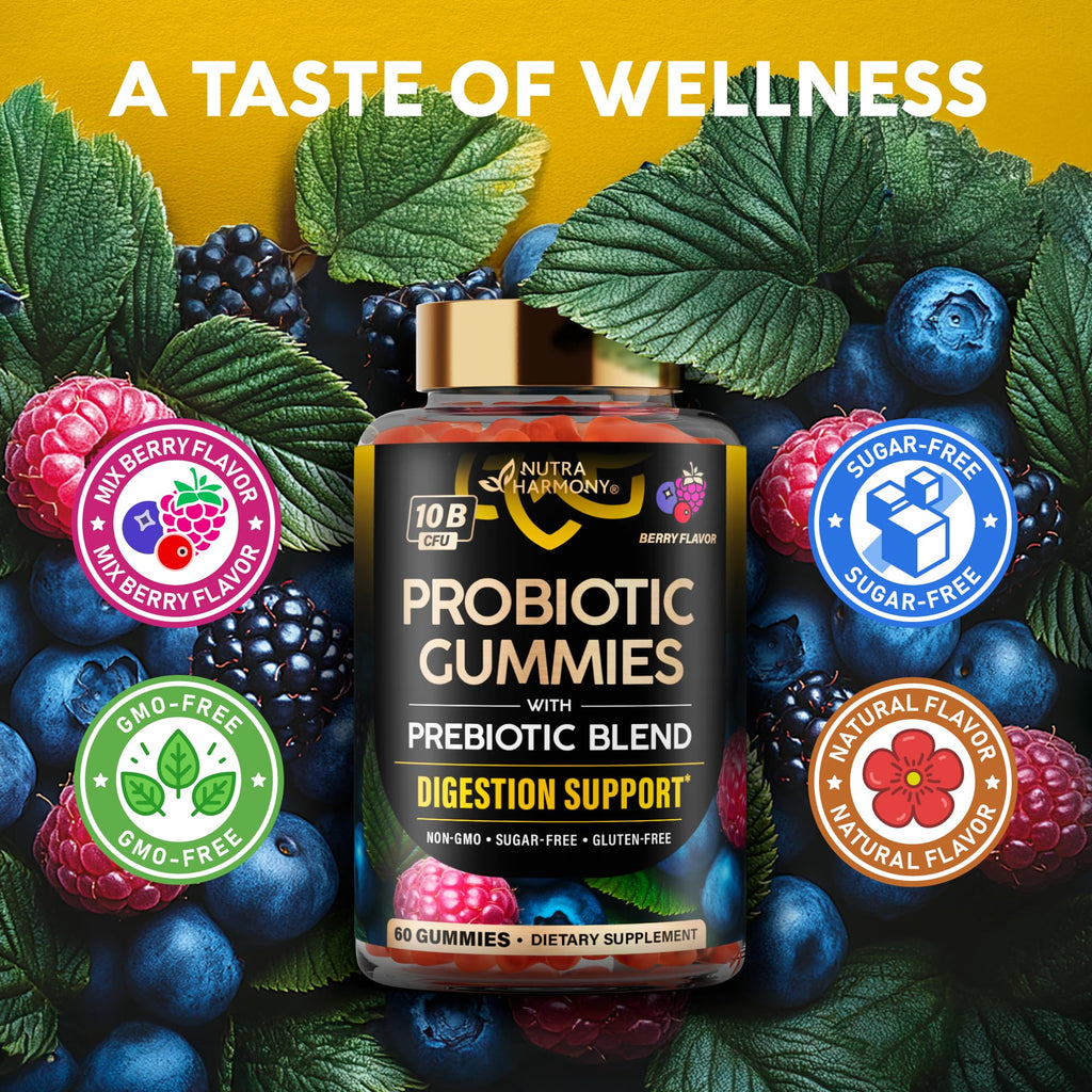 Probiotic Gummies 10B CFU with Prebiotic Fiber - Digestion & Immune Support - Debloat, Stomach & Gut Comfort - Probiotics for Women & Men - Natural Berry Flavor - Vegan & Sugar-free - 60 Gummies NUTRAHARMONY Au supplements