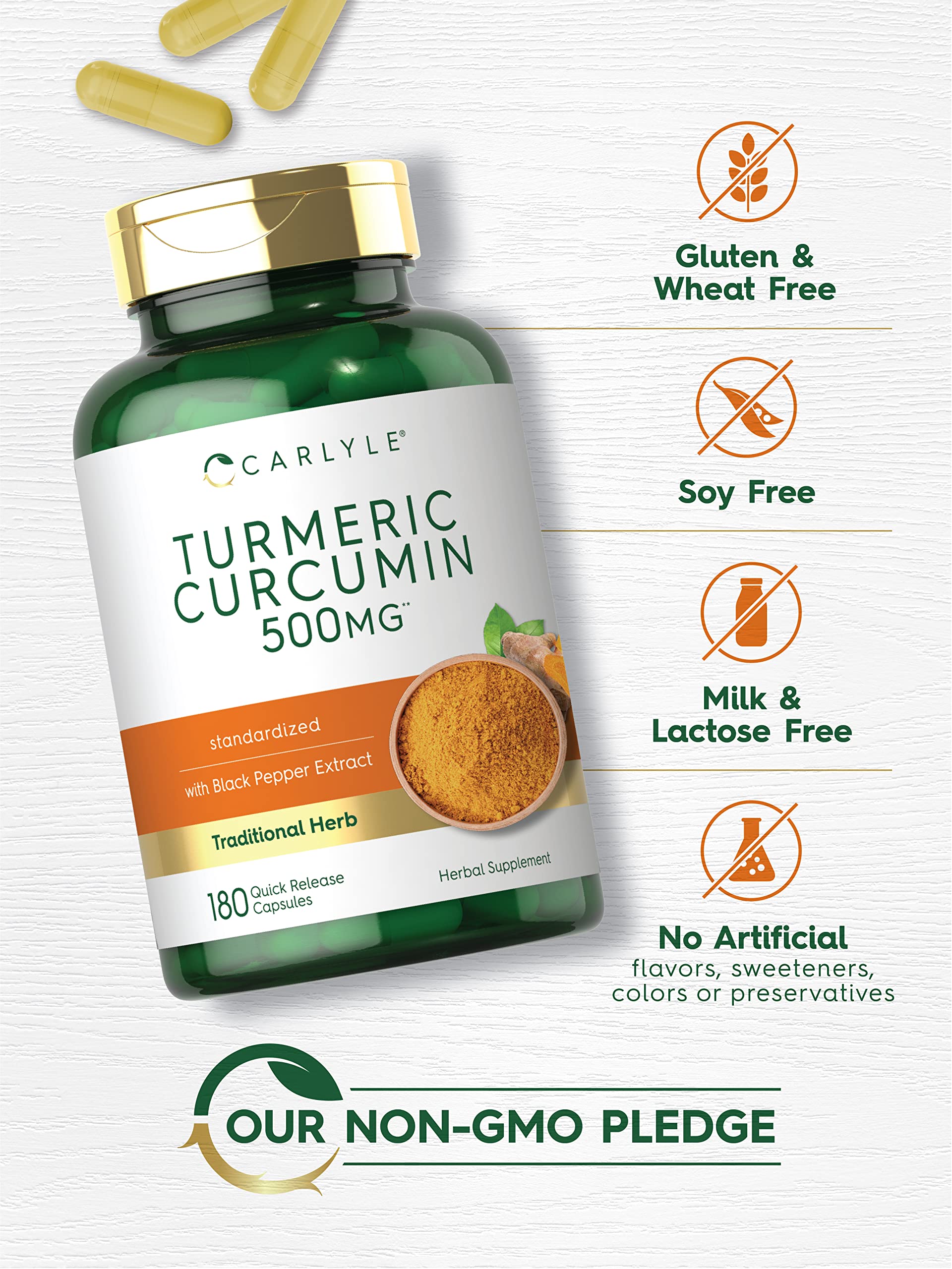 Carlyle Turmeric Curcumin Supplement | 180 Capsules | with Black Pepper Extract | Non-GMO & Gluten Free