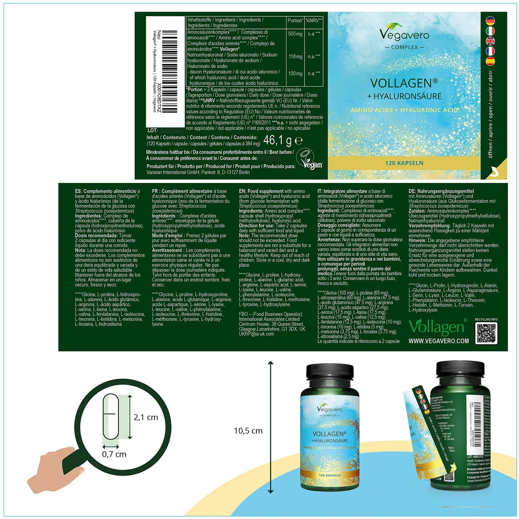 Vegavero Vegan Collagen Complex + Hyaluronic Acid | NO Additives | Vegan Collagen Powder Vollagen® | Essential Amino Acids | 120 Capsules Vegavero Au supplements