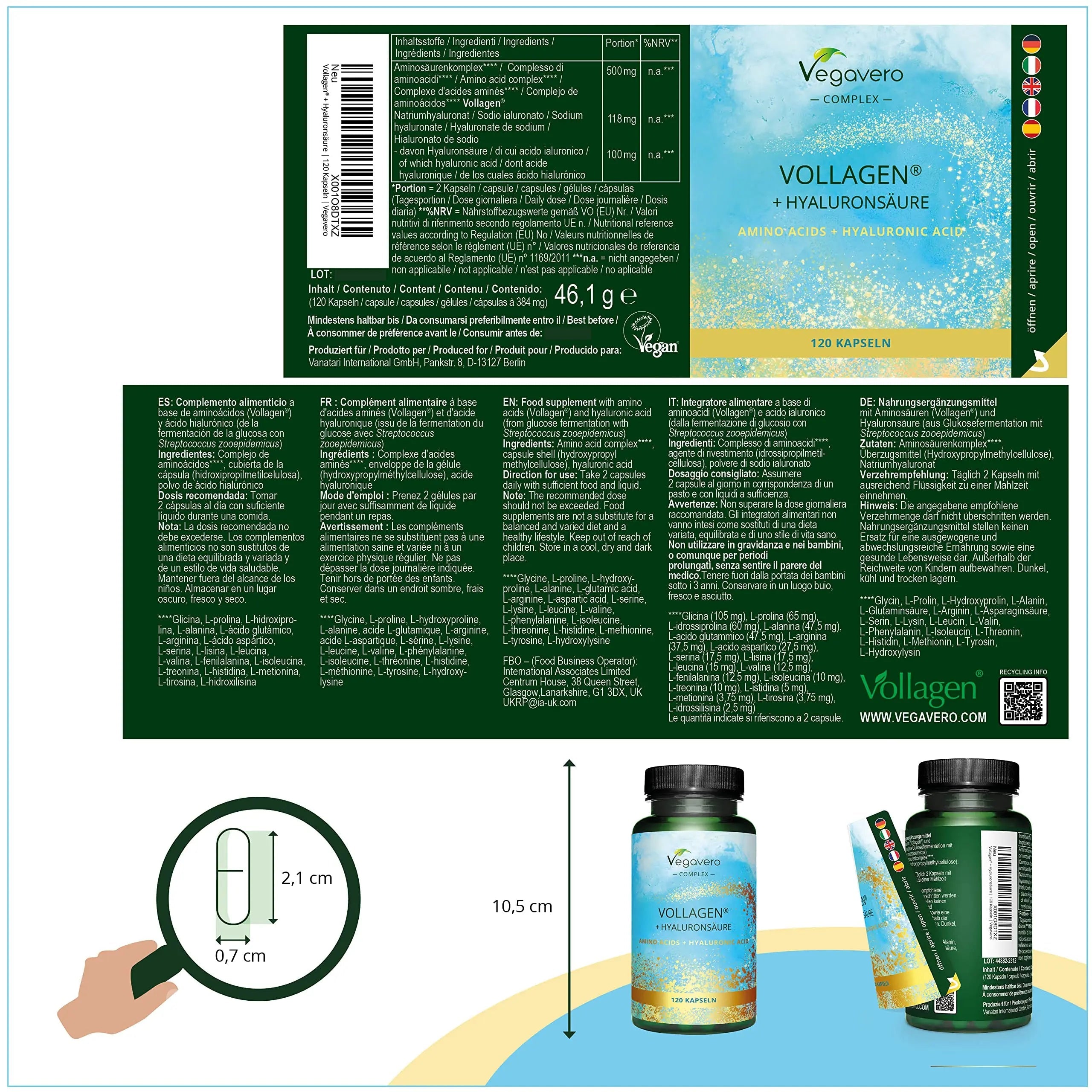 Vegavero Vegan Collagen Complex + Hyaluronic Acid | NO Additives | Vegan Collagen Powder Vollagen® | Essential Amino Acids | 120 Capsules Vegavero Au supplements