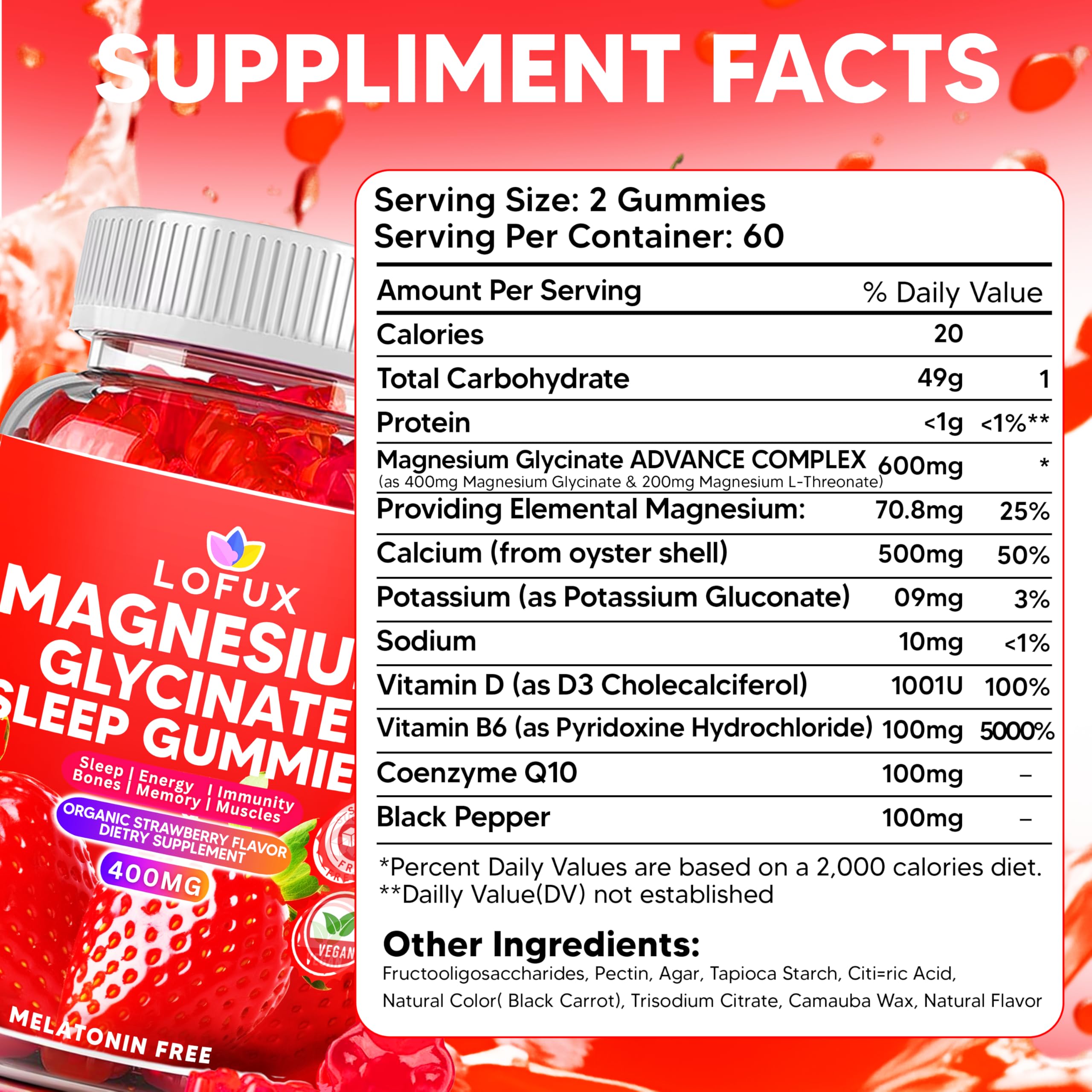 Lofux Magnesium Glycinate Gummies 400mg, Sugar Free Magnesium Gummies for Adults Women, Men, Chewable Supplement Gummy with L-Threonate, Vitamin D, B6, CoQ10