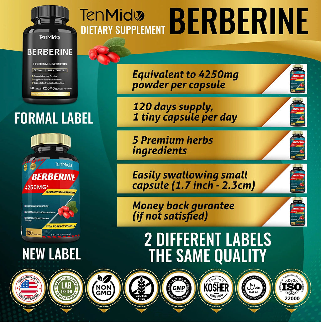 Berberine Extract Capsules 4250mg, 4 Months Supply & Ceylon, Milk Thistle, Turmeric Tenmido Au supplements