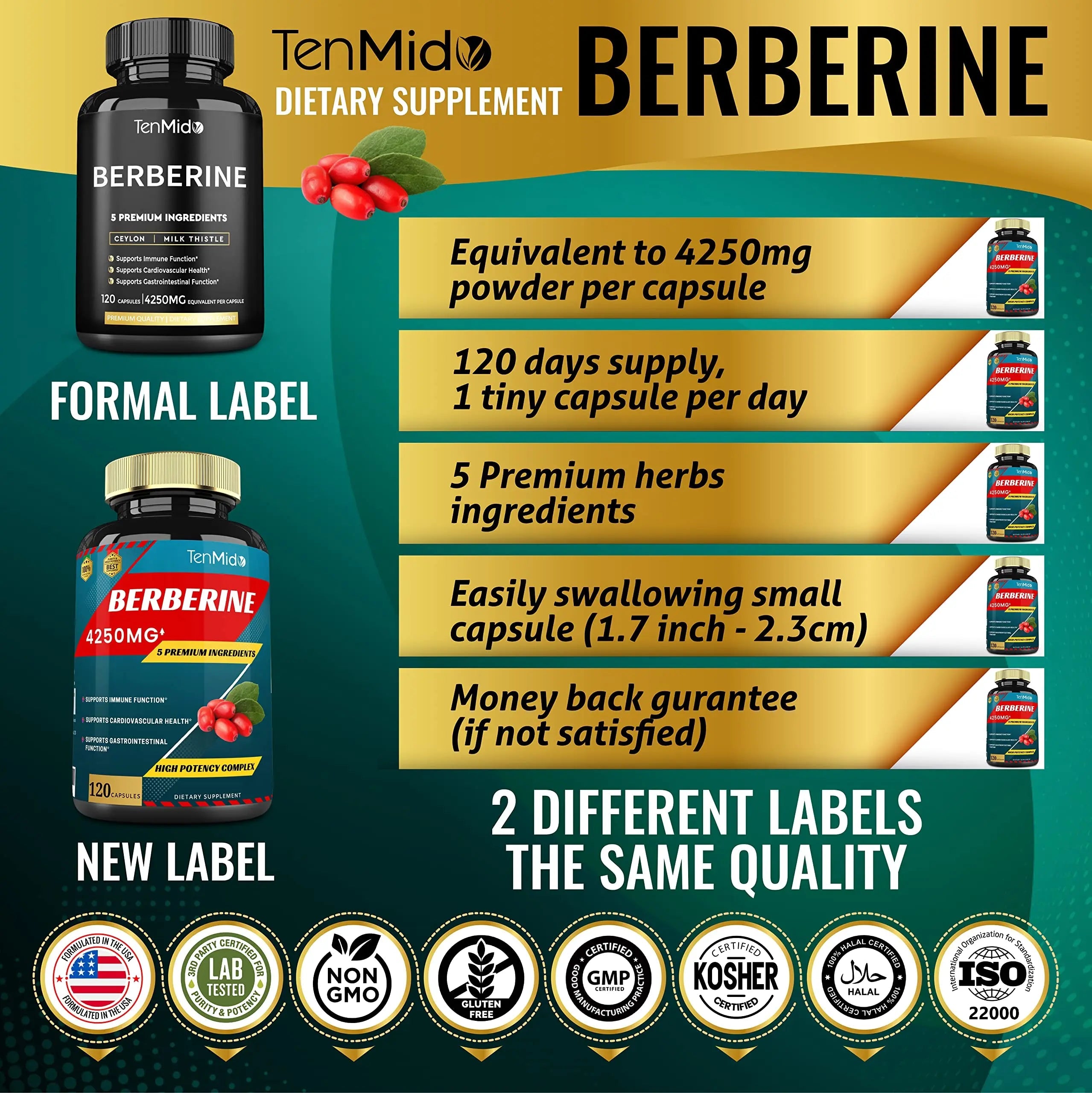Berberine Extract Capsules 4250mg, 4 Months Supply & Ceylon, Milk Thistle, Turmeric Tenmido Au supplements