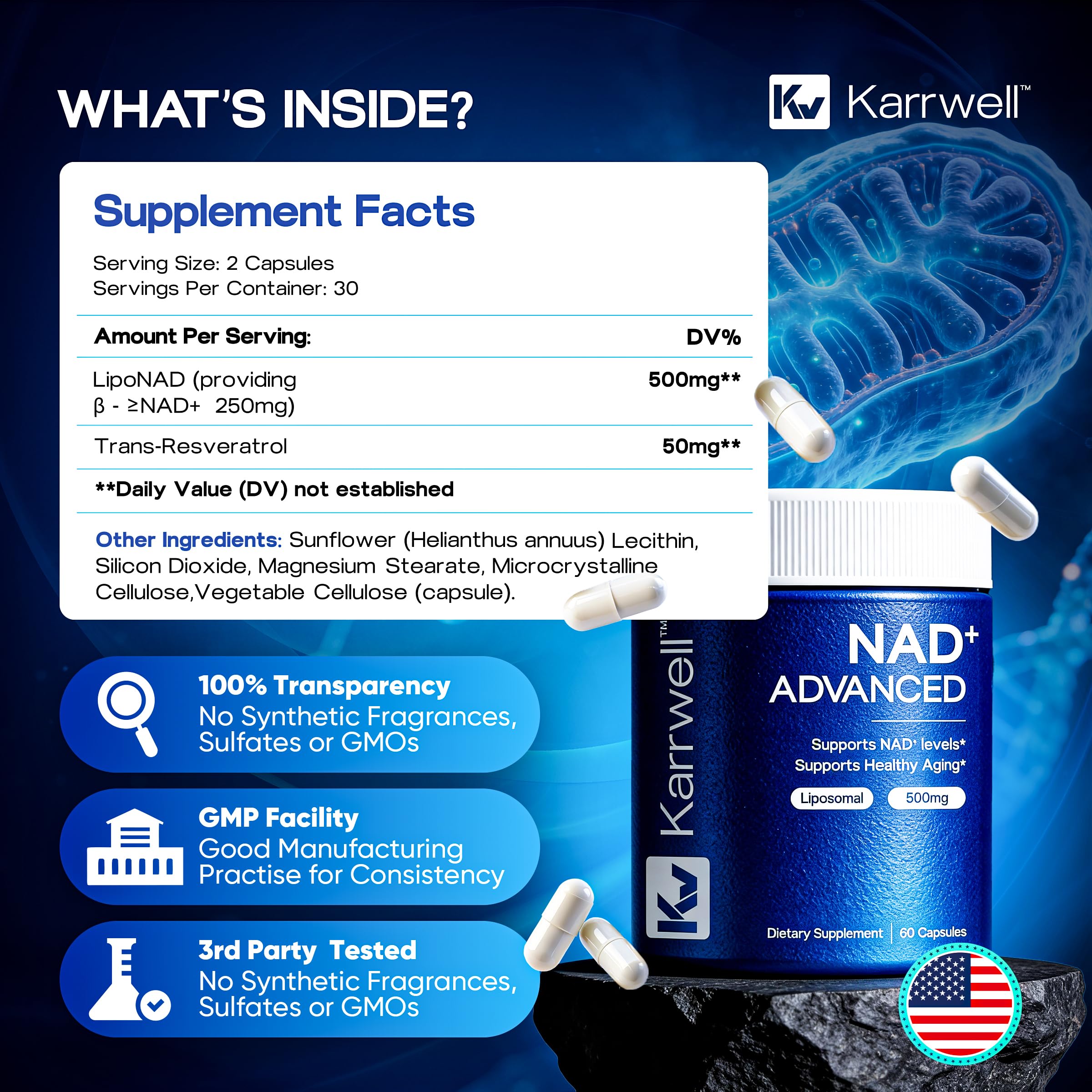 Karrwell NAD+ Advanced 500MG Liposomal NAD+ with Resveratrol - NAD Supplement for Men & Women - NMN Alternative for Cellular Energy & Healthy Aging - 60 Capsules, 30 Day Supply Karrwell Au supplements