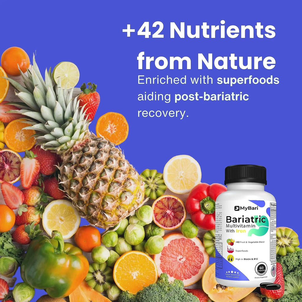 MyBari All-in-One Bariatric Multivitamin with Iron - Made in USA - for Men & Women - Supports Gastric Sleeve & Bypass with 42+ Fruit & Veggie Blend - 60 Liquid Capsules MyBari Au supplements
