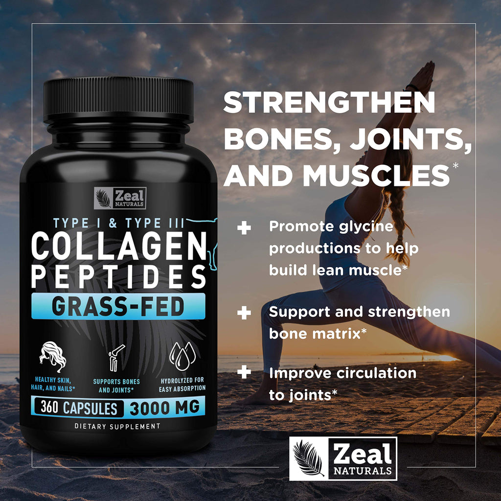 Zeal Naturals Collagen Peptides Collagen Pills (360 Capsules) Grass Fed Collagen Pepetide Powder - Hydrolyzed Collagen Powder for JointTendon SupplementHair Skin and Nails - Zeal Naturals Au supplements