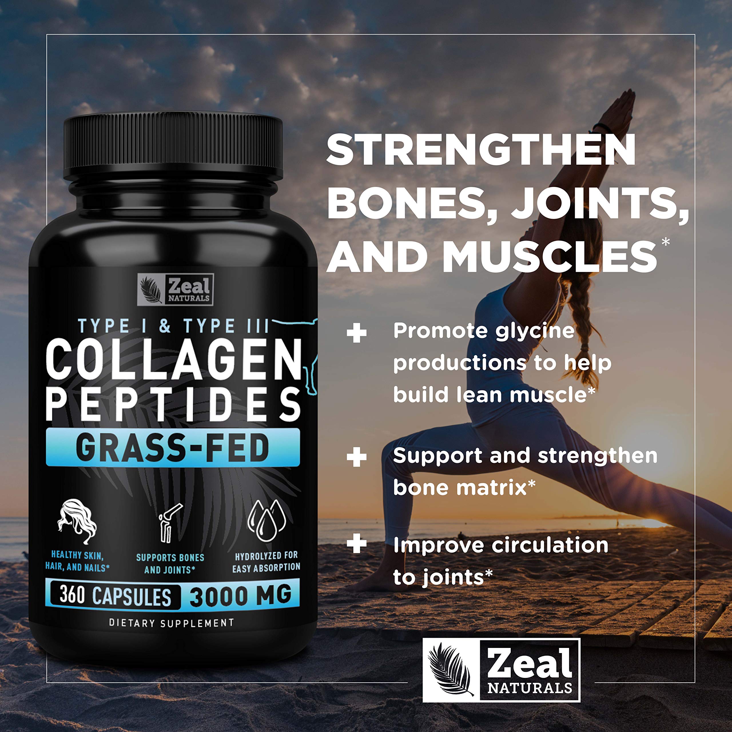 Zeal Naturals Collagen Peptides Collagen Pills (360 Capsules) Grass Fed Collagen Pepetide Powder - Hydrolyzed Collagen Powder for JointTendon SupplementHair Skin and Nails - Zeal Naturals Au supplements