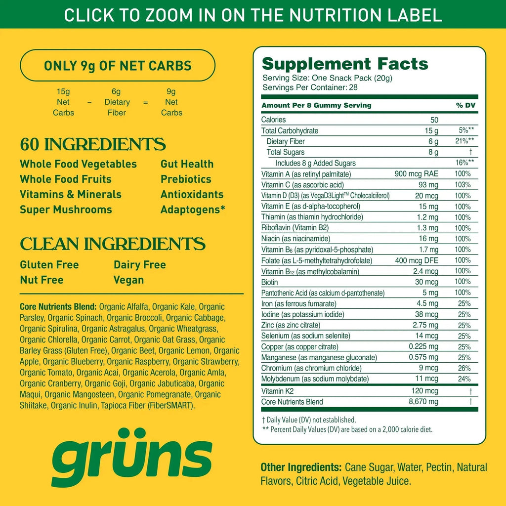 Gruns Adults Super Greens Multivitamin Gummies, Superfood Vitamin Gummy Bears with Spirulina, Chlorella, Prebiotic Fiber for Digestive Health Grüns Au supplements